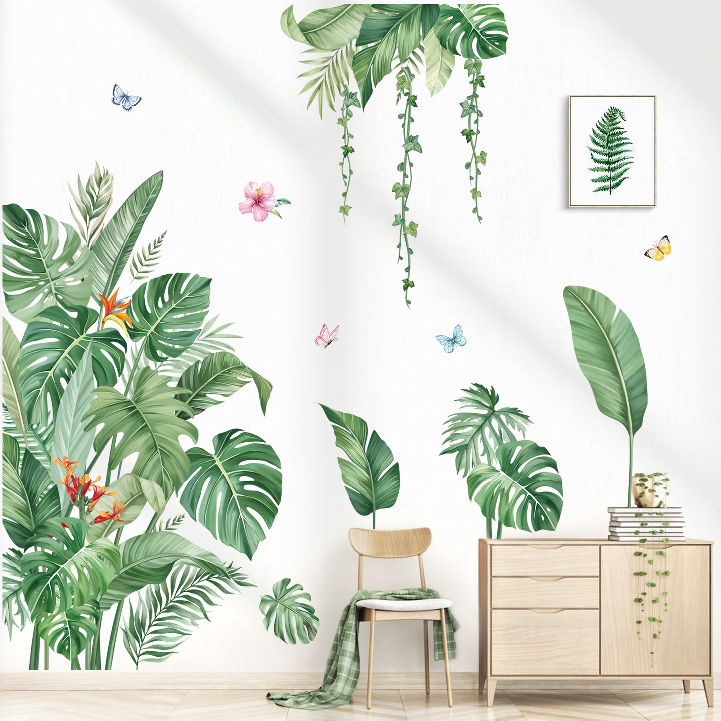 decalmile Large Green Leaves Wall Decals Tropical Palm Leaf Plant Wall Stickers