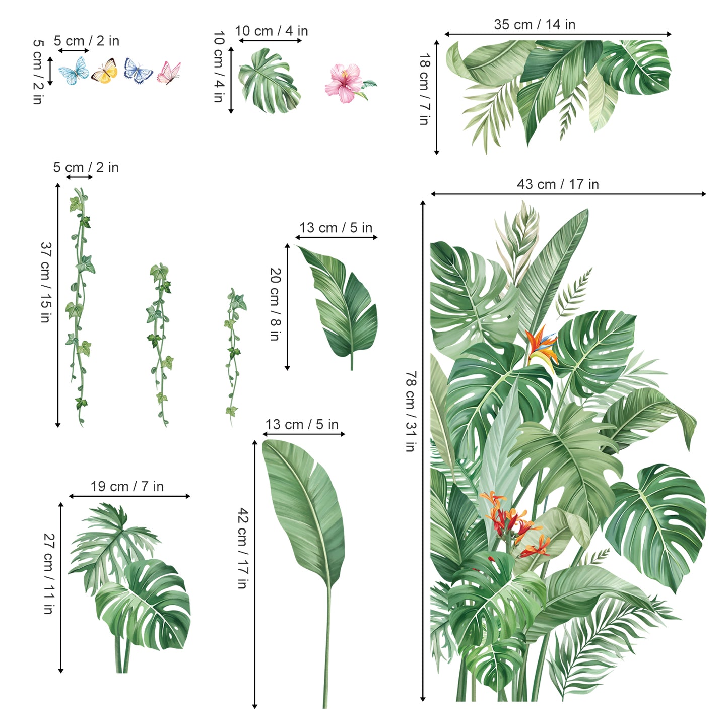 decalmile Large Green Leaves Wall Decals Tropical Palm Leaf Plant Wall Stickers