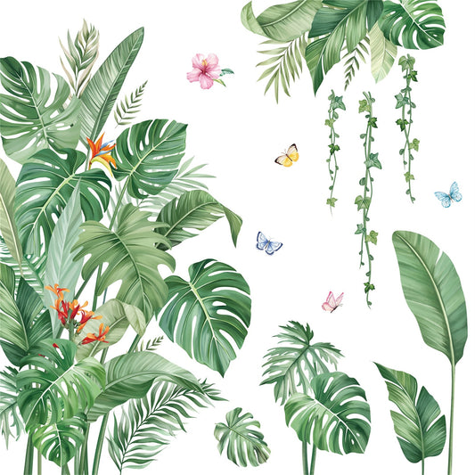 decalmile Large Green Leaves Wall Decals Tropical Palm Leaf Plant Wall Stickers