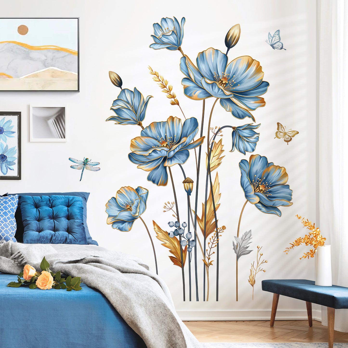 decalmile Large Blue Flower Wall Stickers Floral Butterfly Plants Gold Leaves Wall Decals