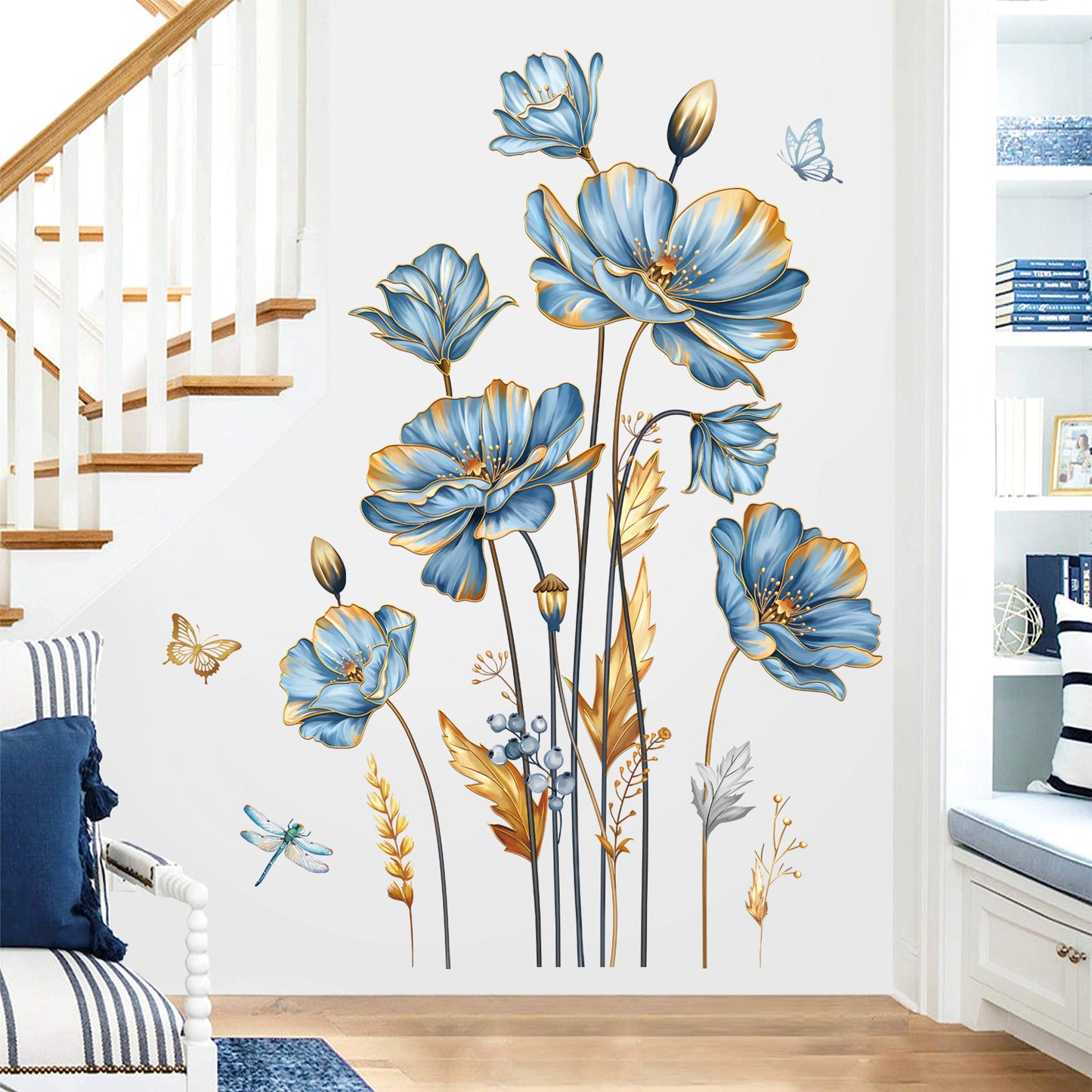 decalmile Large Blue Flower Wall Stickers Floral Butterfly Plants Gold Leaves Wall Decals