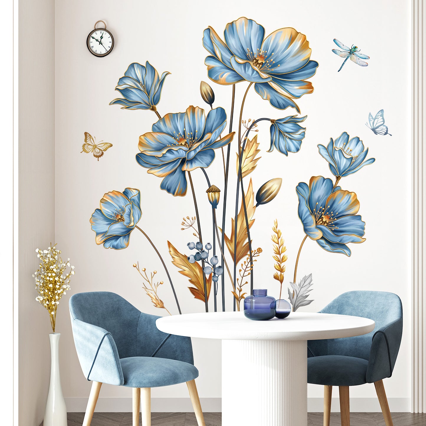 decalmile Large Blue Flower Wall Stickers Floral Butterfly Plants Gold Leaves Wall Decals