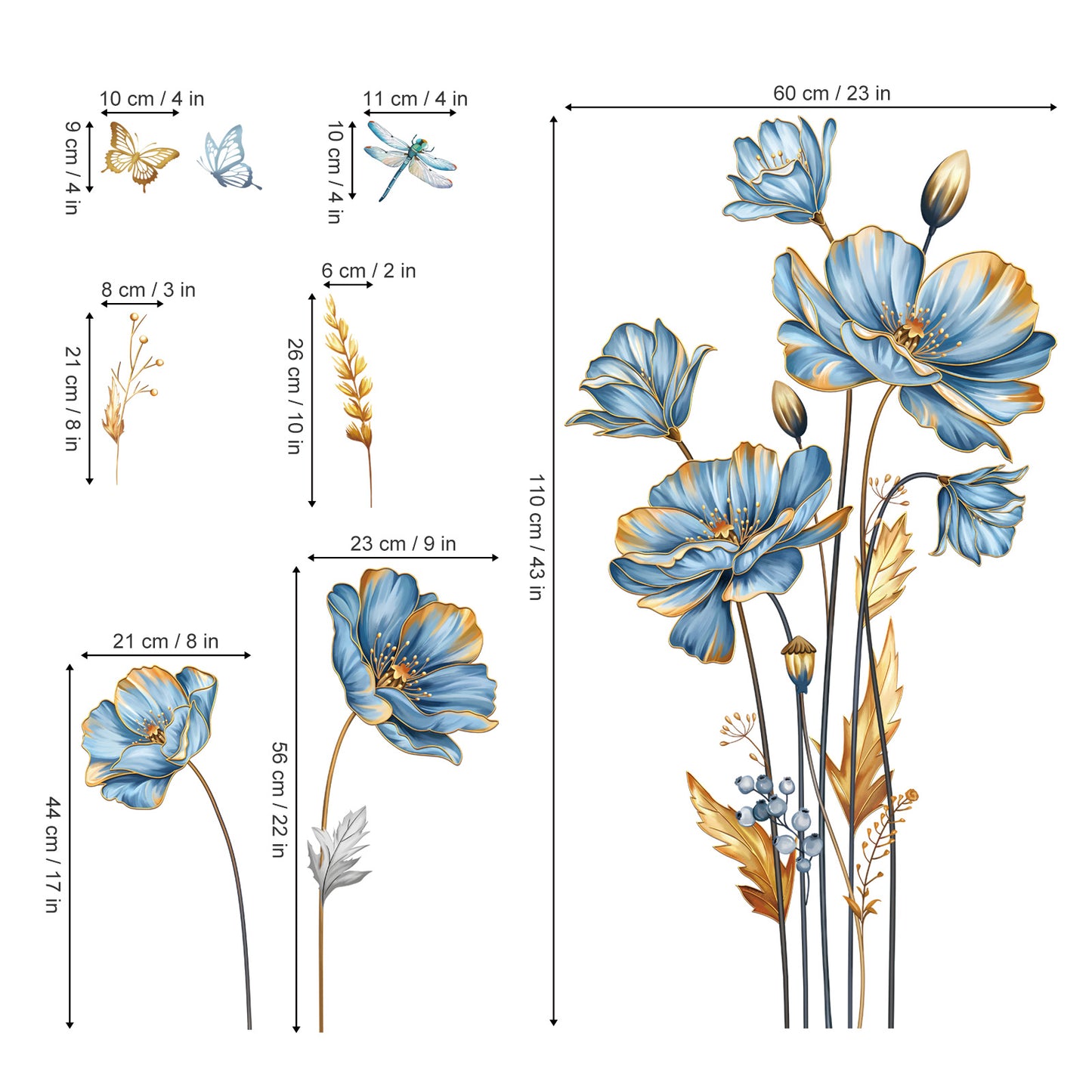 decalmile Large Blue Flower Wall Stickers Floral Butterfly Plants Gold Leaves Wall Decals