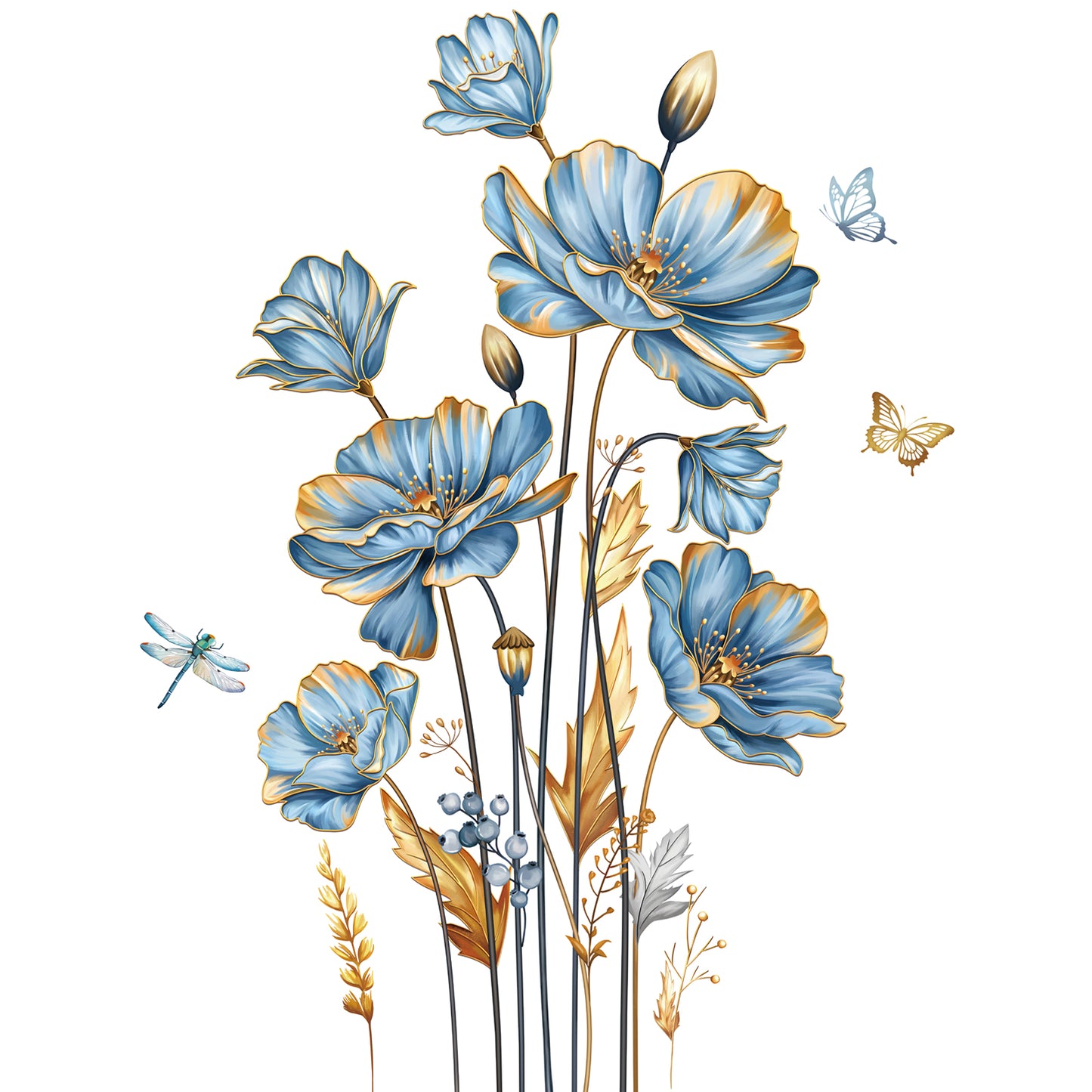 decalmile Large Blue Flower Wall Stickers Floral Butterfly Plants Gold Leaves Wall Decals