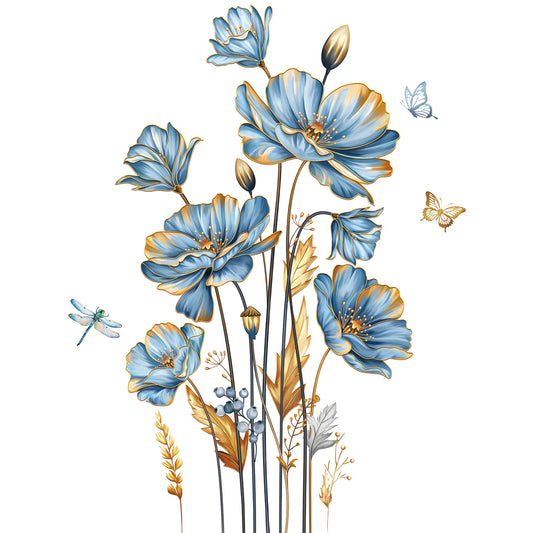 decalmile Large Blue Flower Wall Stickers Floral Butterfly Plants Gold Leaves Wall Decals