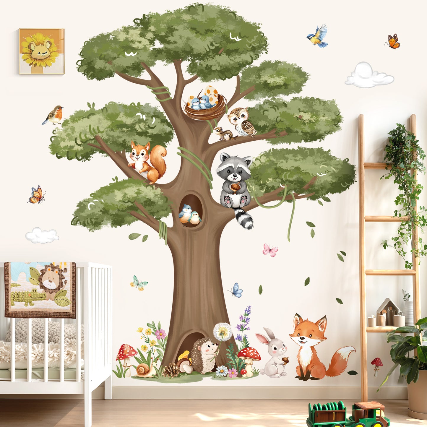 decalmile Woodland Animals Large Tree Wall Stickers Forest Animal Fox Rabbit Hedgehog Wall Decals