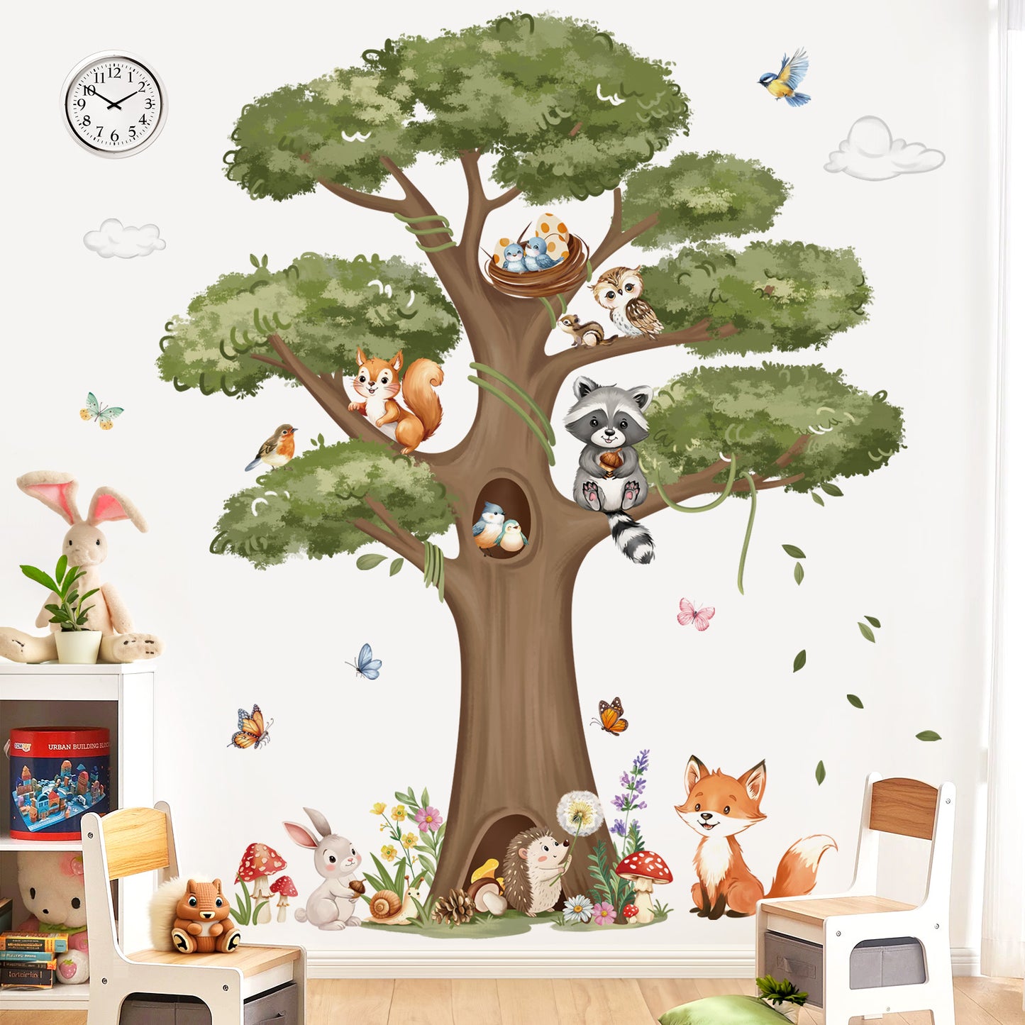 decalmile Woodland Animals Large Tree Wall Stickers Forest Animal Fox Rabbit Hedgehog Wall Decals