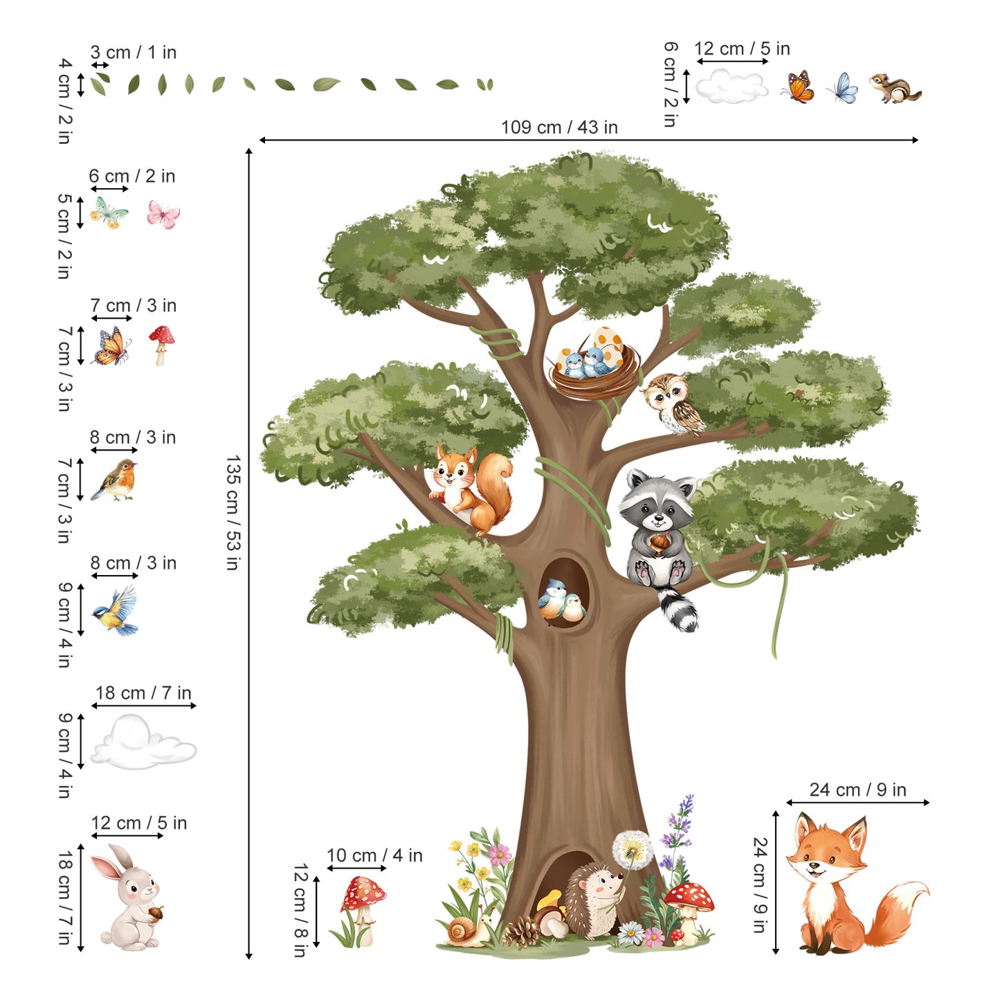 decalmile Woodland Animals Large Tree Wall Stickers Forest Animal Fox Rabbit Hedgehog Wall Decals