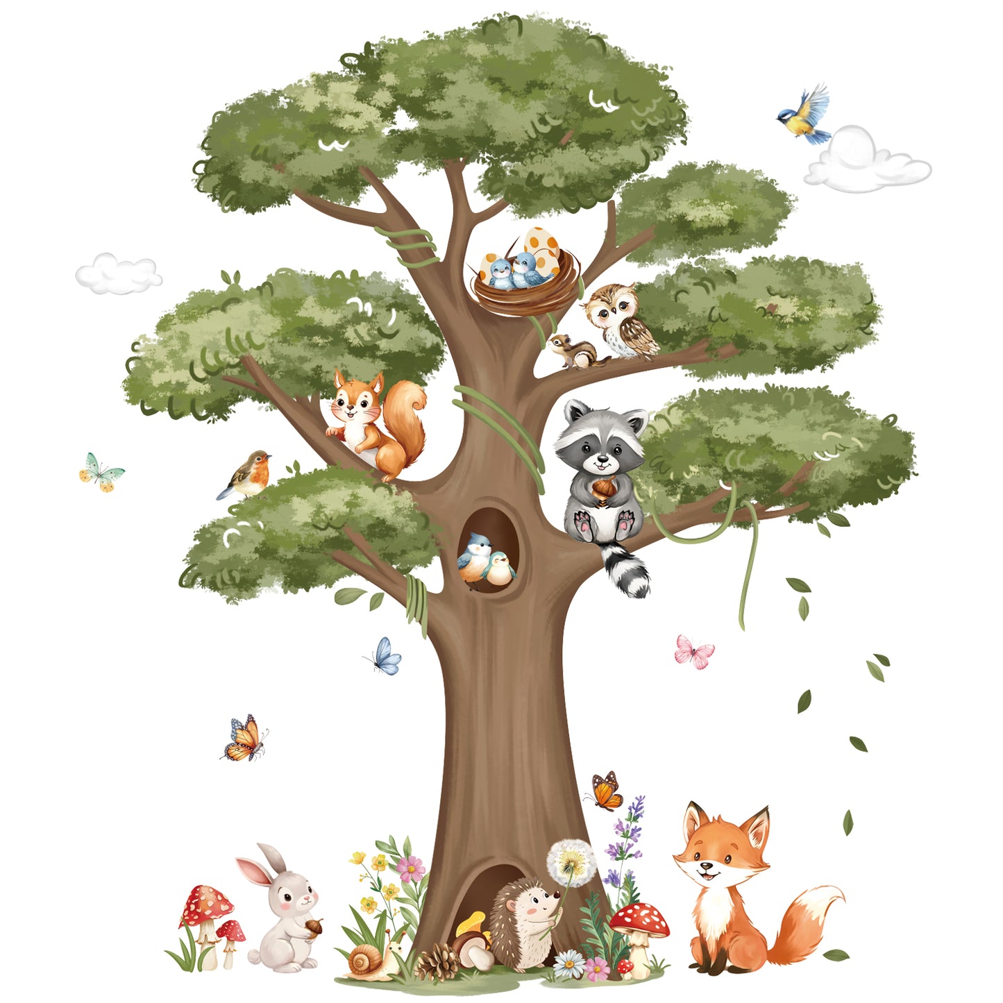 decalmile Woodland Animals Large Tree Wall Stickers Forest Animal Fox Rabbit Hedgehog Wall Decals