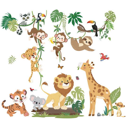 decalmile Jungle Animals Climbing Tree Wall Stickers Safari Animal Giraffe Lion Monkey Wall Decals