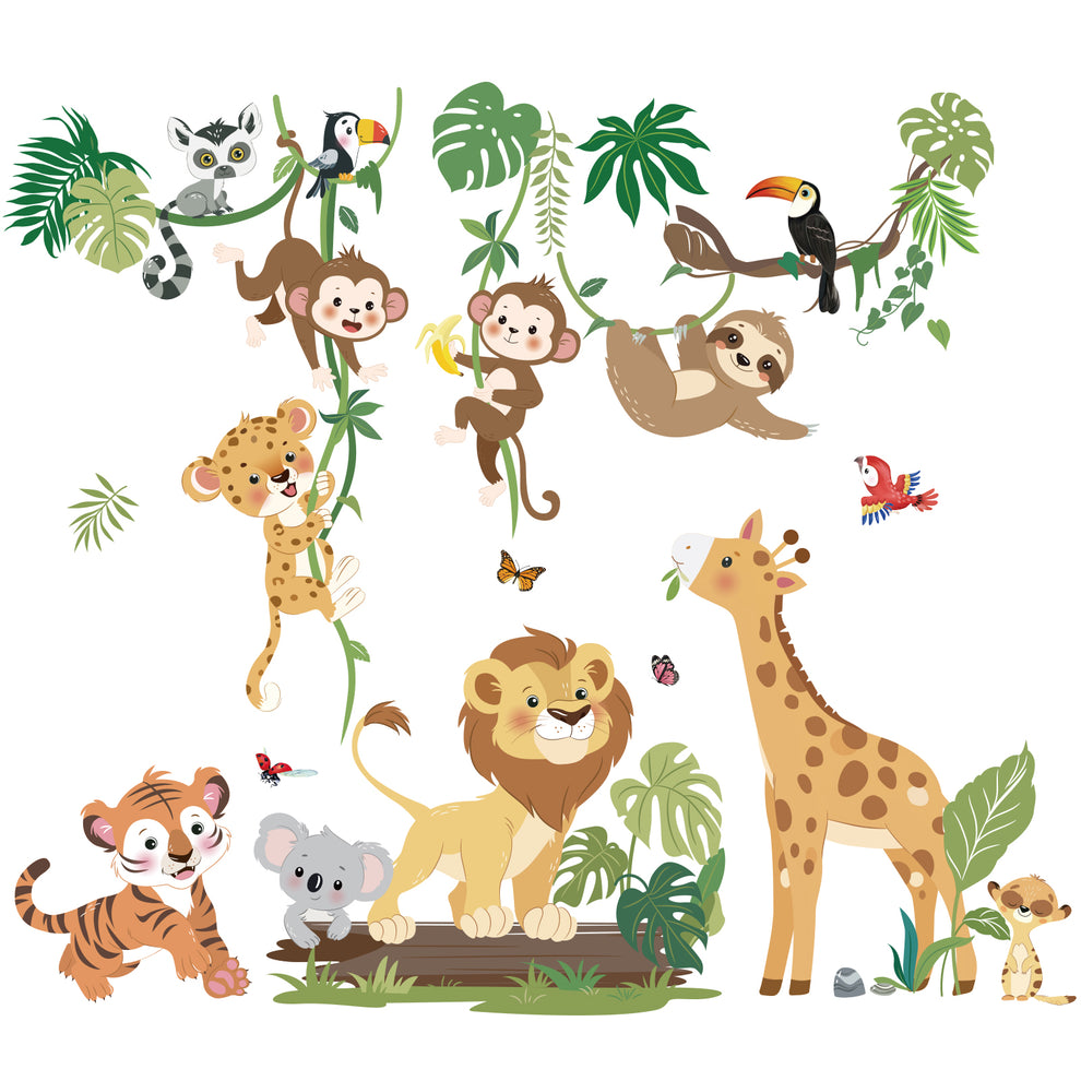 decalmile Jungle Animals Climbing Tree Wall Stickers Safari Animal Gir ...