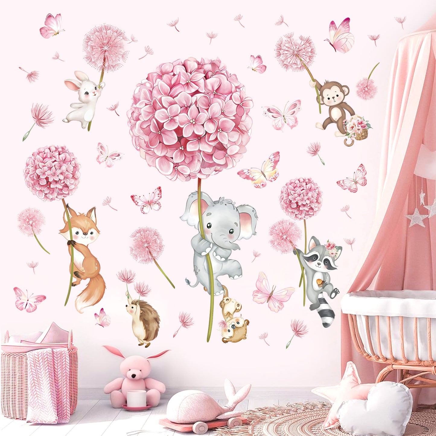 decalmile Animal Flower Pink Dandelion Wall Stickers Forest Animals Elephant Fox Monkey Wall Decals