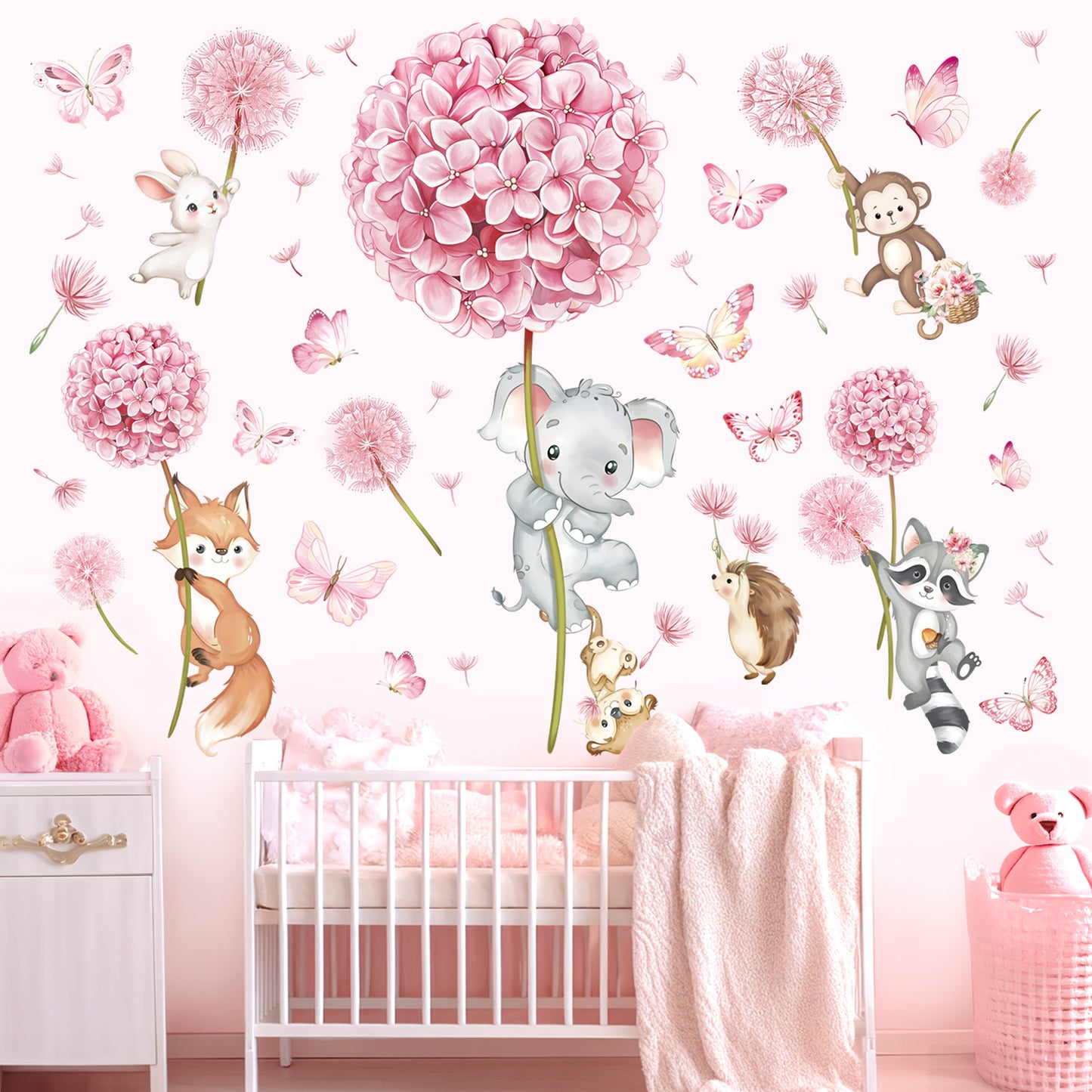 decalmile Animal Flower Pink Dandelion Wall Stickers Forest Animals Elephant Fox Monkey Wall Decals