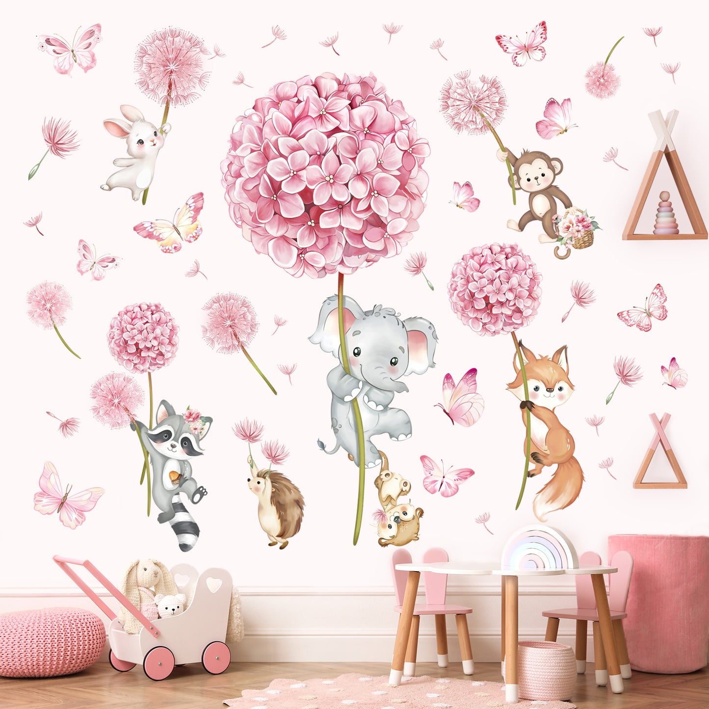 decalmile Animal Flower Pink Dandelion Wall Stickers Forest Animals Elephant Fox Monkey Wall Decals