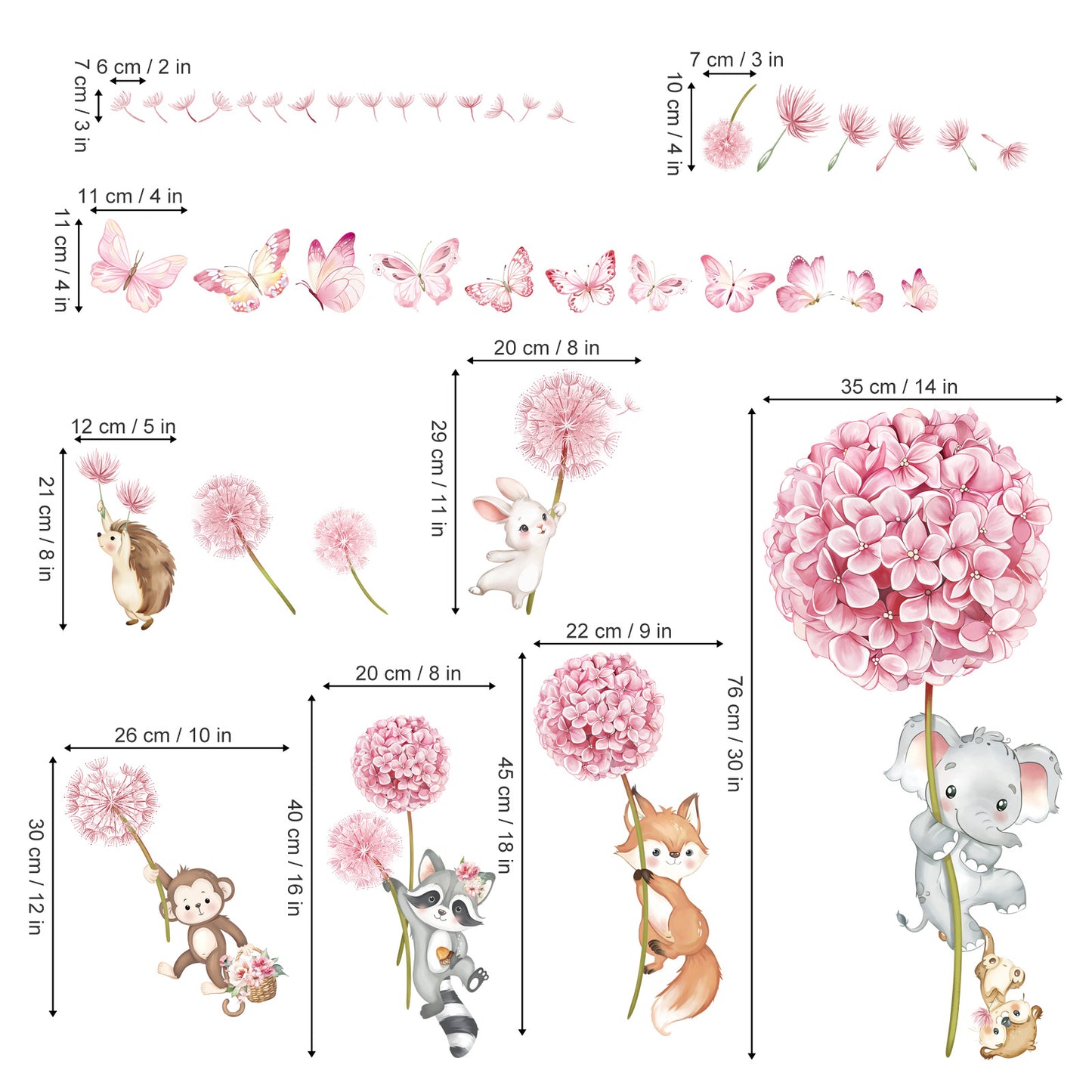 decalmile Animal Flower Pink Dandelion Wall Stickers Forest Animals Elephant Fox Monkey Wall Decals