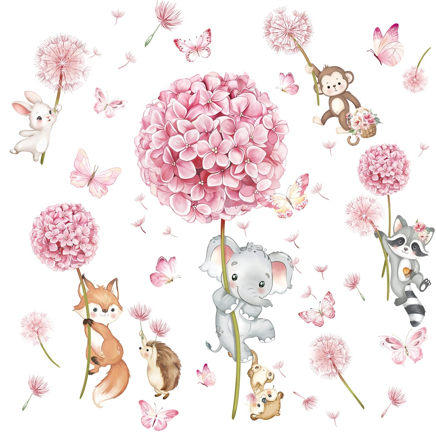 decalmile Animal Flower Pink Dandelion Wall Stickers Forest Animals Elephant Fox Monkey Wall Decals