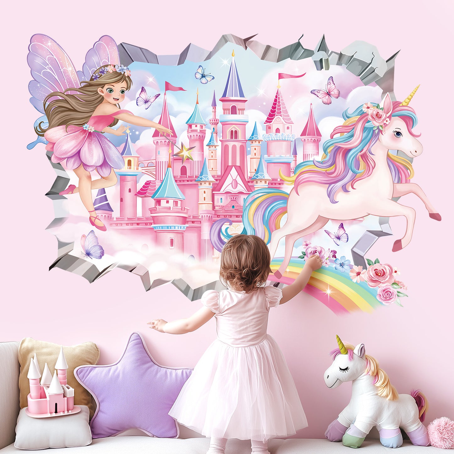 decalmile 3D Fairy Castle Wall Decals Unicorn Crack Hole Rainbow Wall Stickers