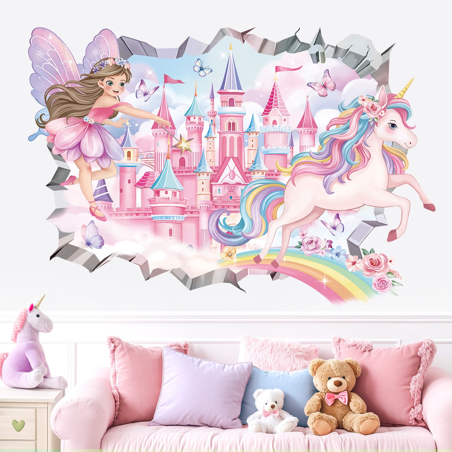 decalmile 3D Fairy Castle Wall Decals Unicorn Crack Hole Rainbow Wall Stickers