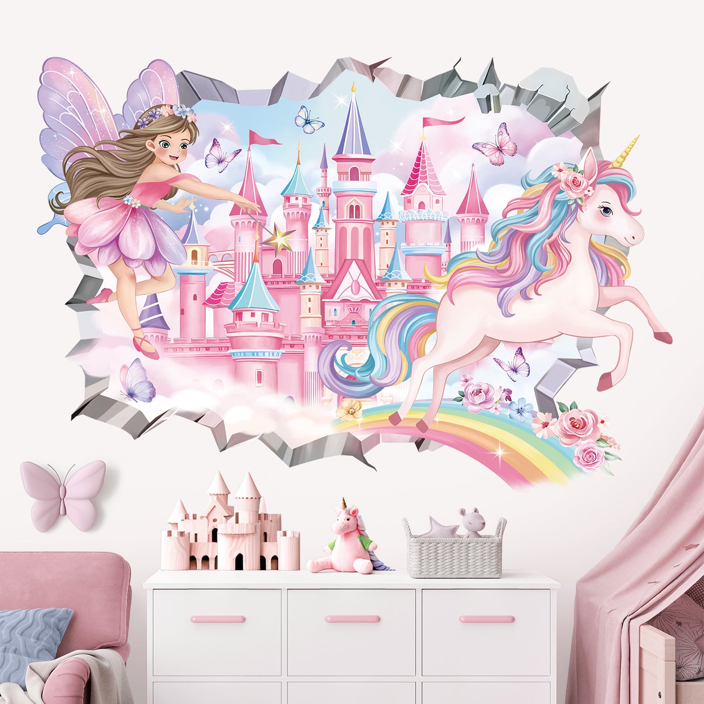 decalmile 3D Fairy Castle Wall Decals Unicorn Crack Hole Rainbow Wall Stickers