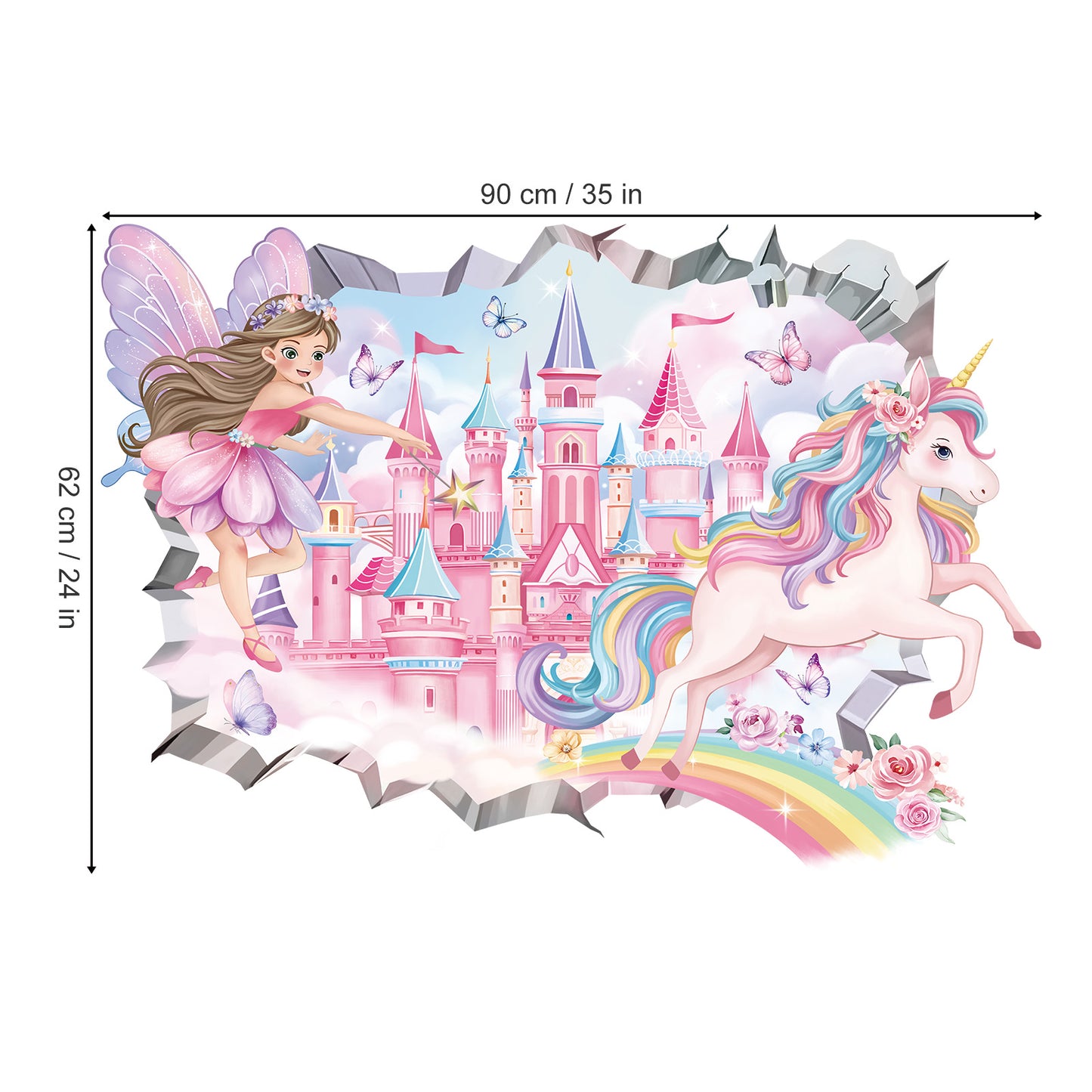decalmile 3D Fairy Castle Wall Decals Unicorn Crack Hole Rainbow Wall Stickers