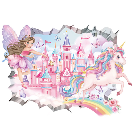 decalmile 3D Fairy Castle Wall Decals Unicorn Crack Hole Rainbow Wall Stickers