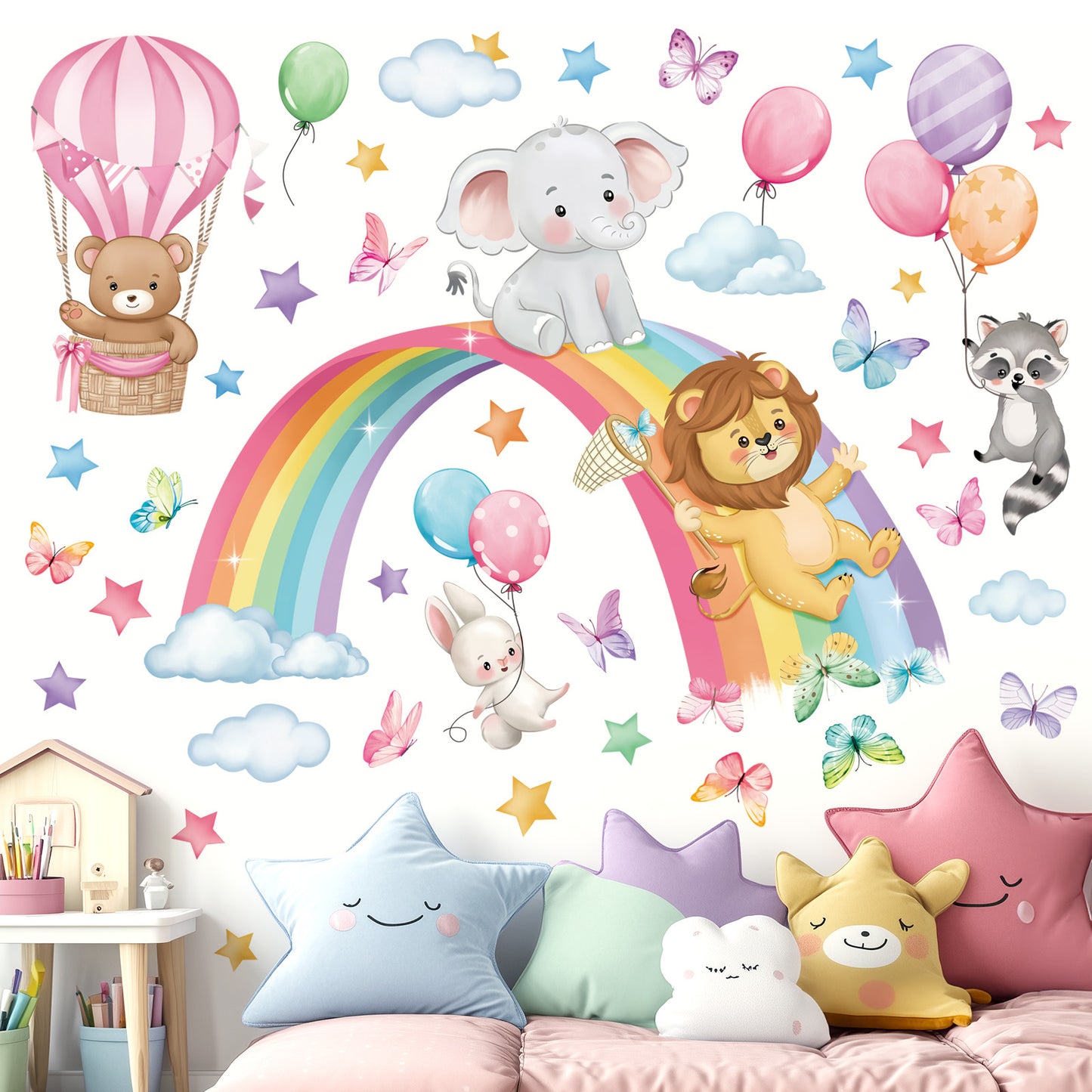 decalmile Rainbow Animal Wall Decals Elephant Lion Bear Clouds Wall Stickers