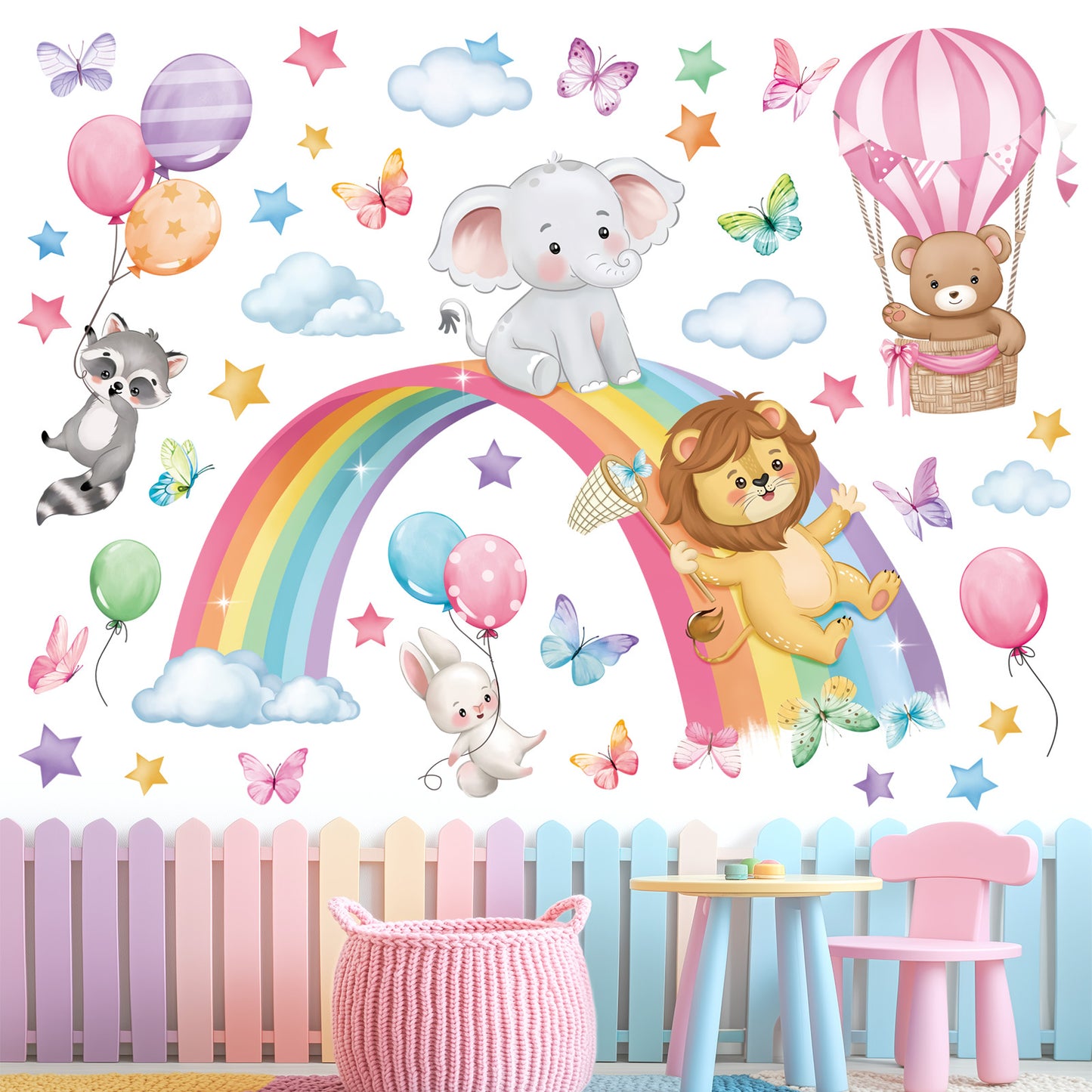 decalmile Rainbow Animal Wall Decals Elephant Lion Bear Clouds Wall Stickers