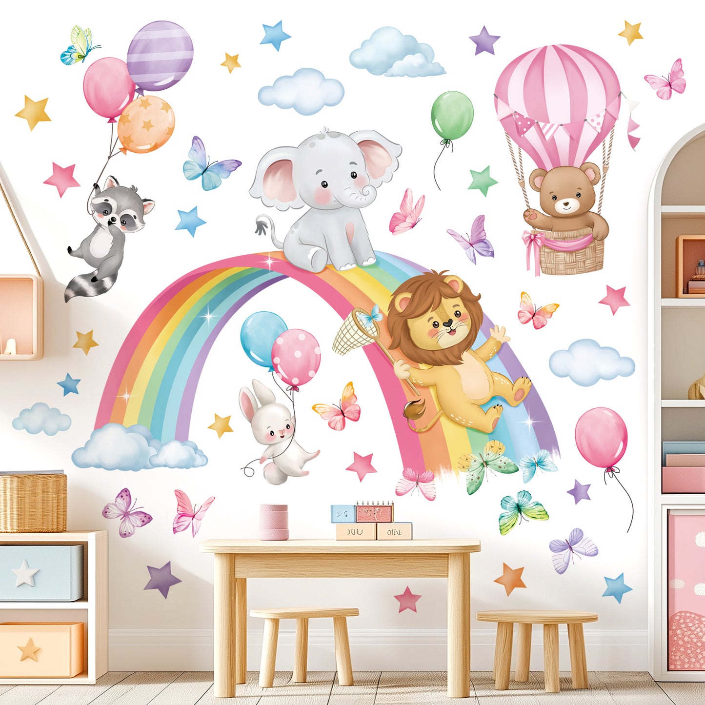 decalmile Rainbow Animal Wall Decals Elephant Lion Bear Clouds Wall Stickers