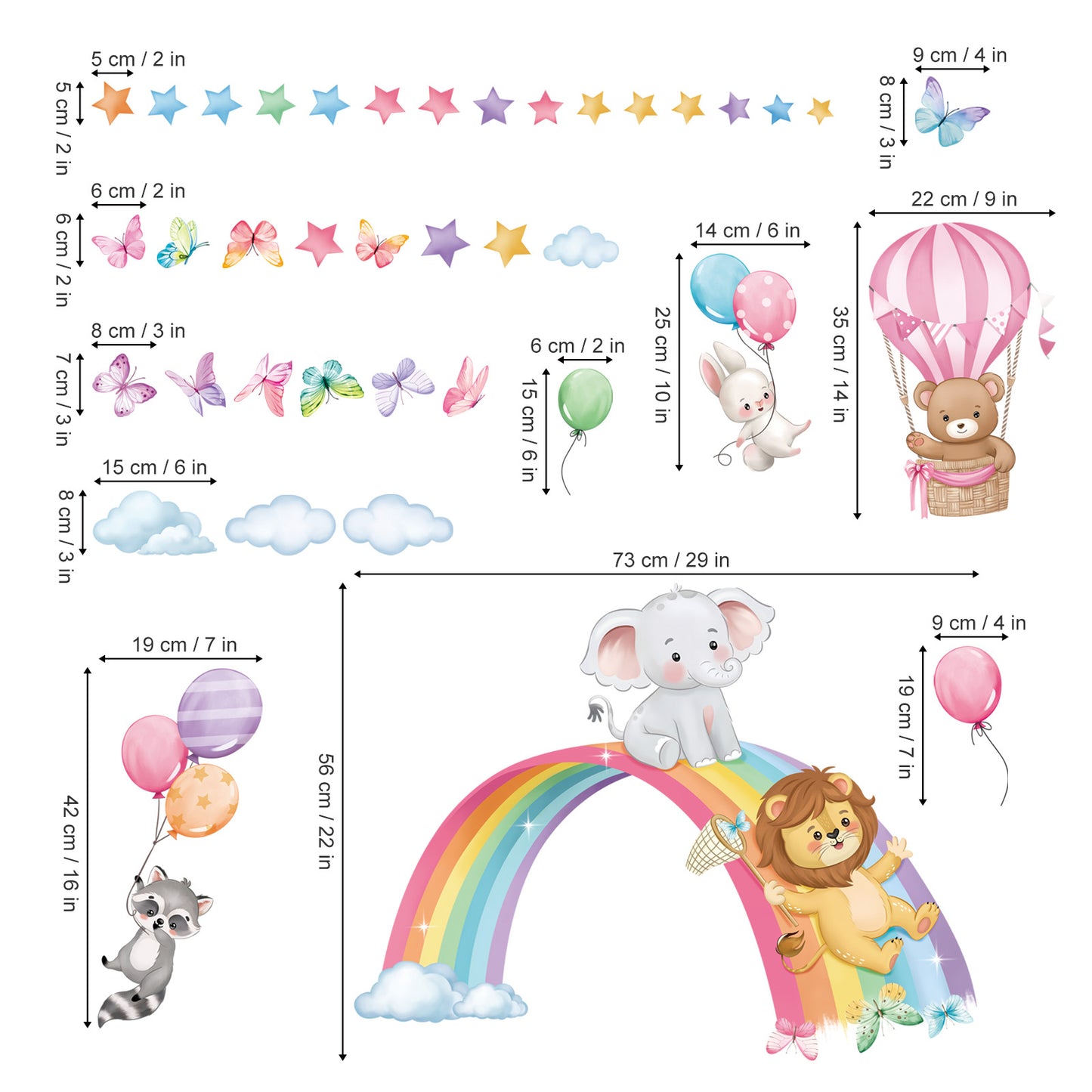 decalmile Rainbow Animal Wall Decals Elephant Lion Bear Clouds Wall Stickers