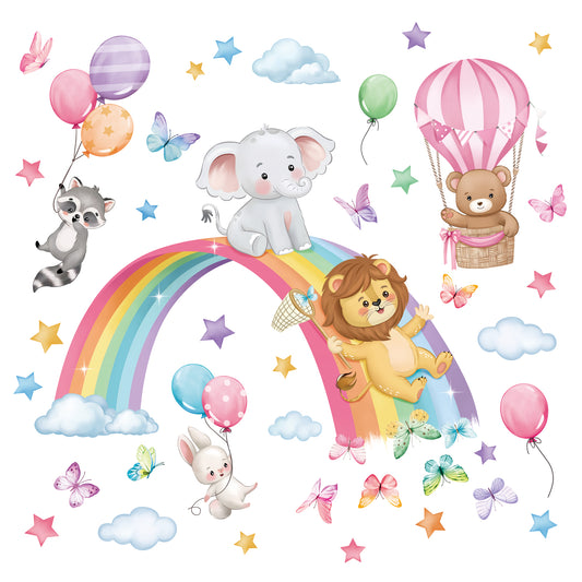 decalmile Rainbow Animal Wall Decals Elephant Lion Bear Clouds Wall Stickers