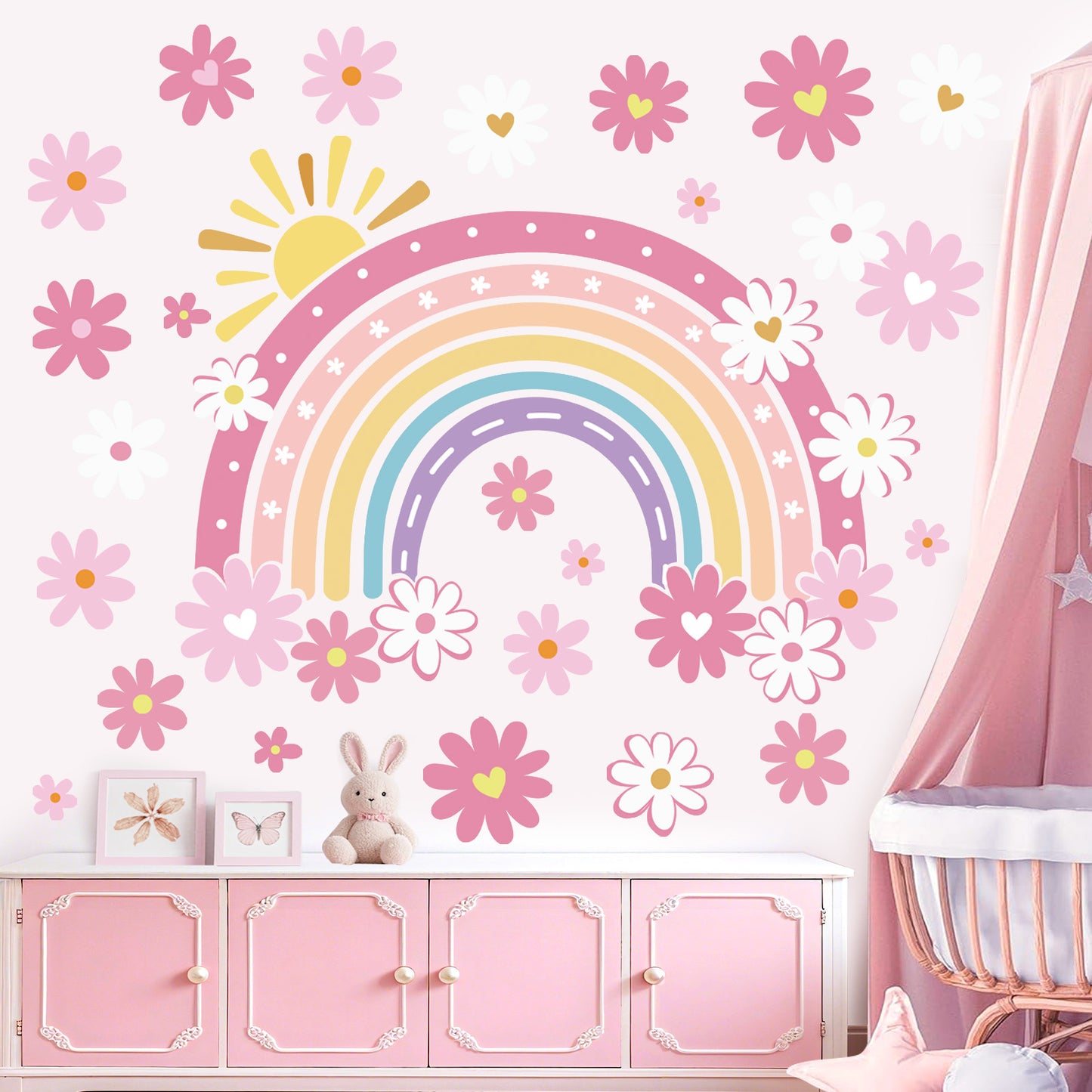 decalmile Large Boho Rainbow Wall Stickers Pink Daisy Flower Wall Decals