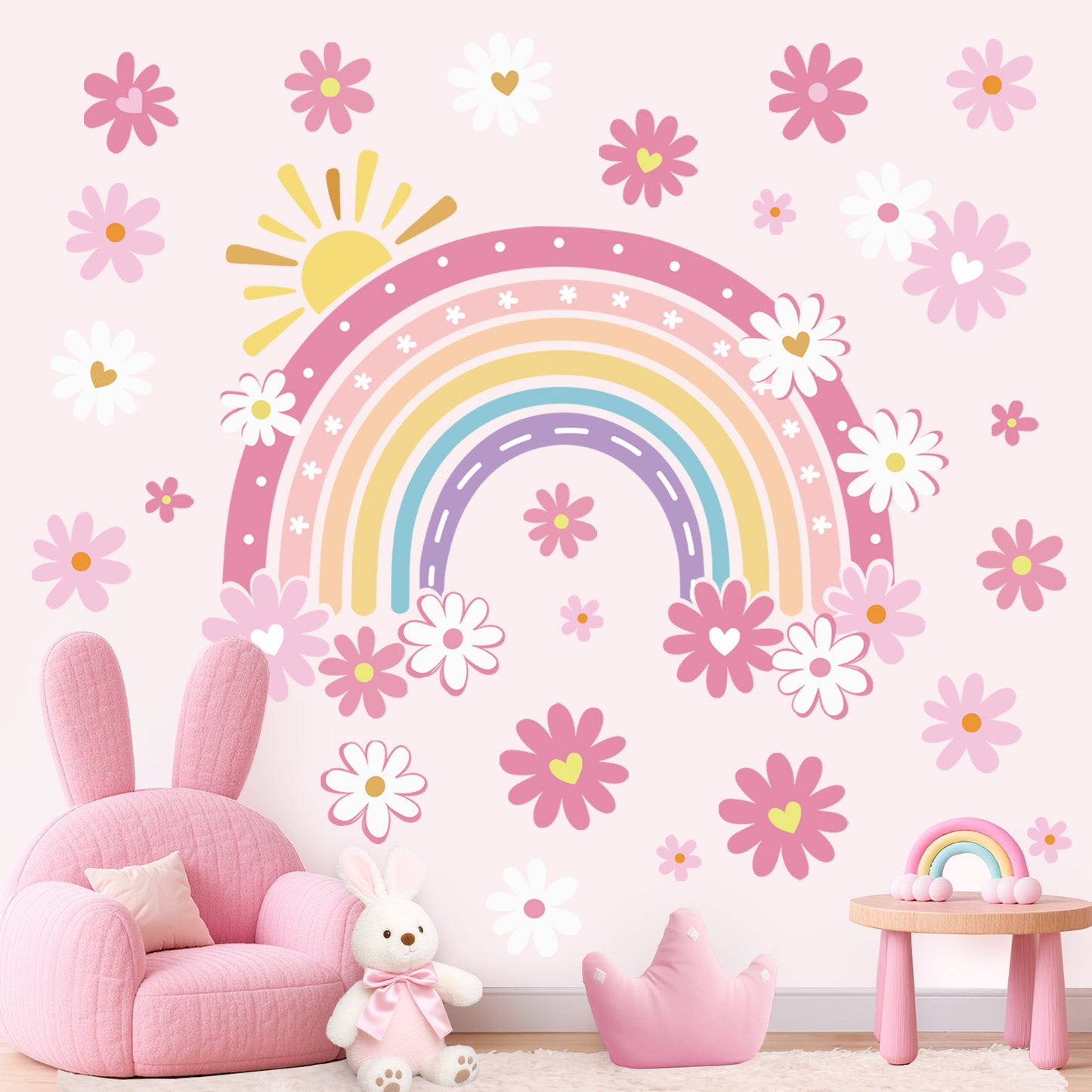 decalmile Large Boho Rainbow Wall Stickers Pink Daisy Flower Wall Decals