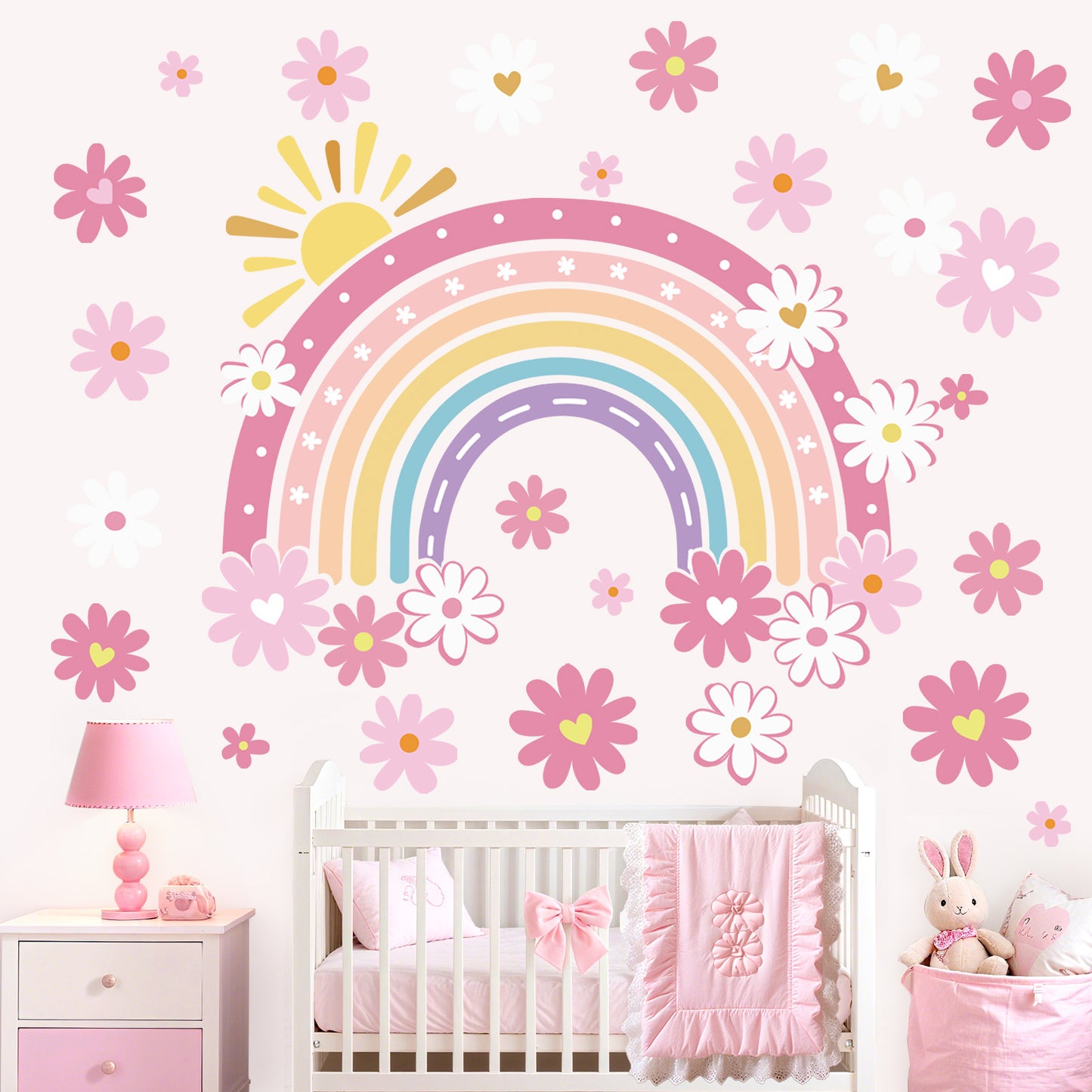 decalmile Large Boho Rainbow Wall Stickers Pink Daisy Flower Wall Decals