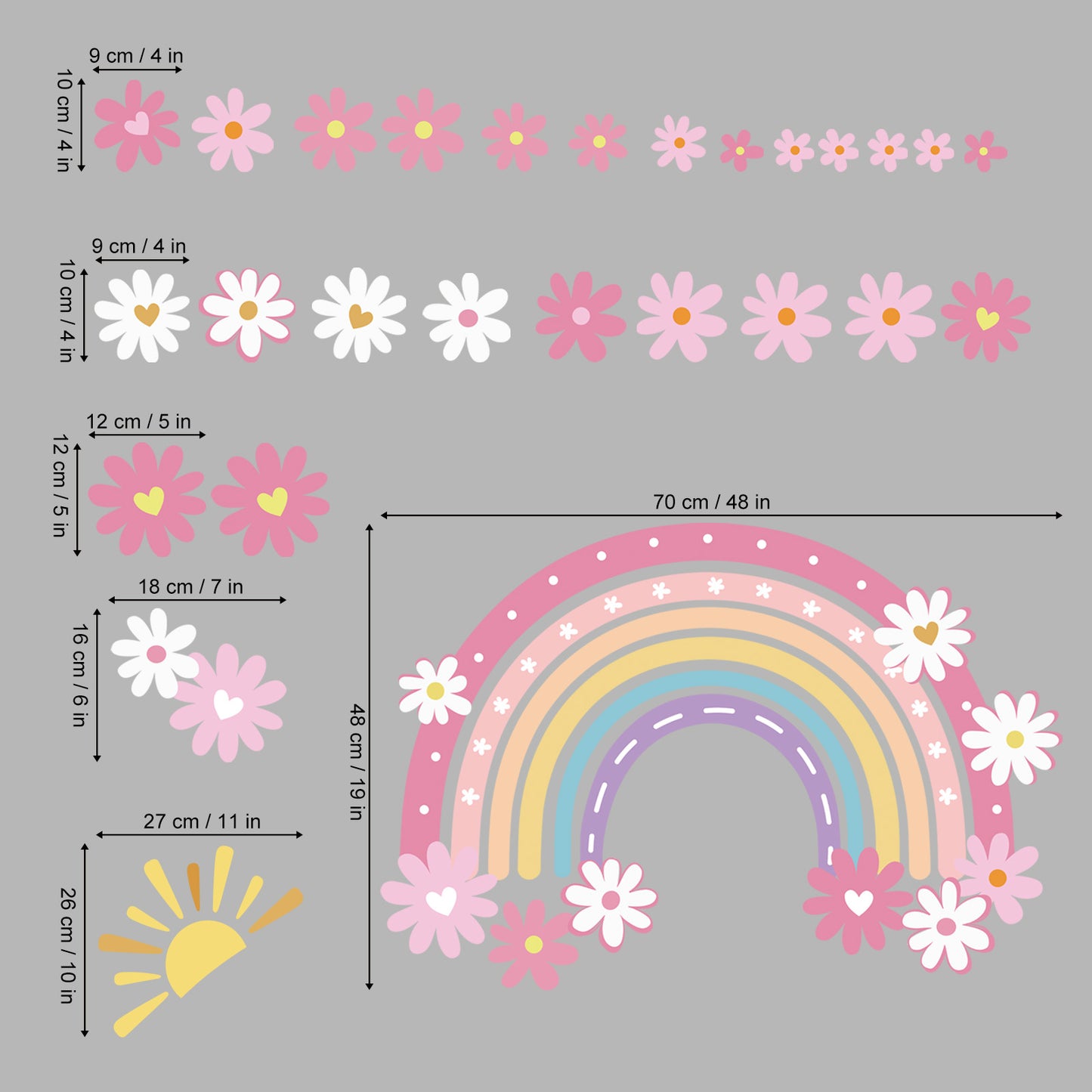 decalmile Large Boho Rainbow Wall Stickers Pink Daisy Flower Wall Decals