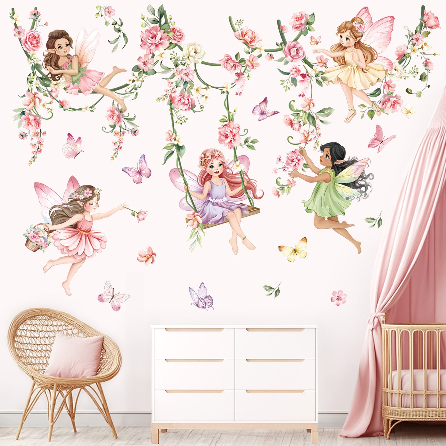 decalmile Pink Flower Fairy Wall Stickers Hanging Peony Flower Vine Butterfly Elf Wall Decals