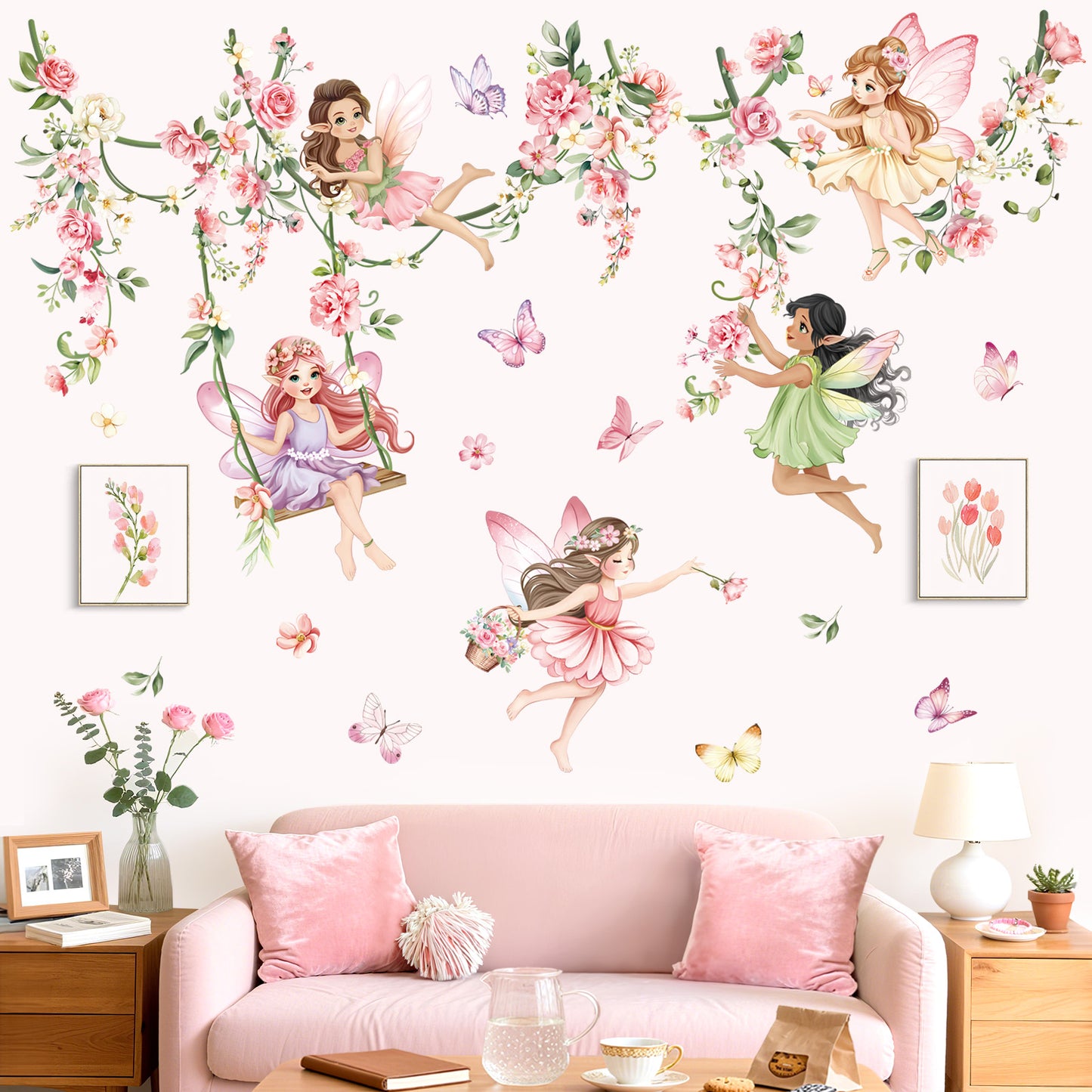 decalmile Pink Flower Fairy Wall Stickers Hanging Peony Flower Vine Butterfly Elf Wall Decals