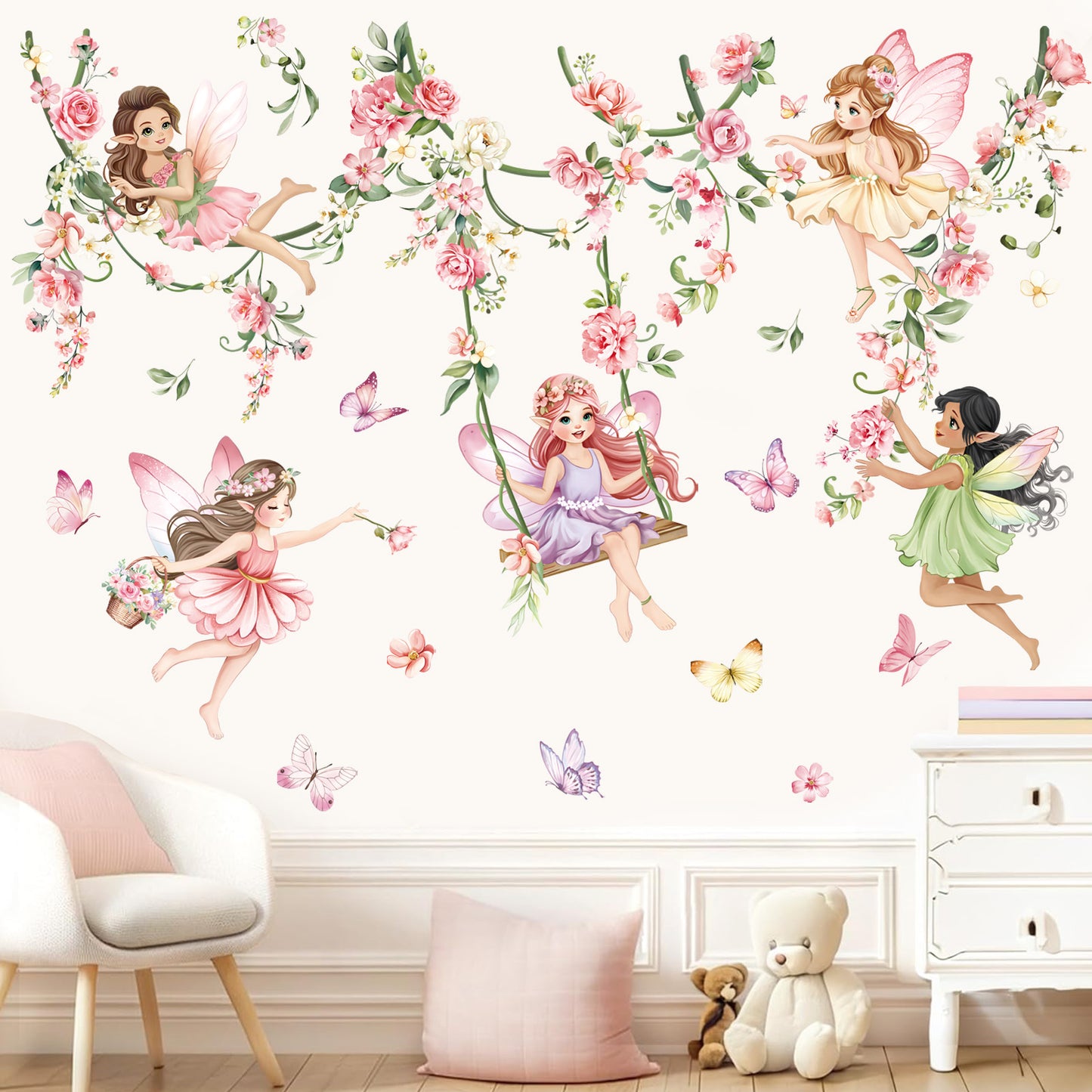 decalmile Pink Flower Fairy Wall Stickers Hanging Peony Flower Vine Butterfly Elf Wall Decals