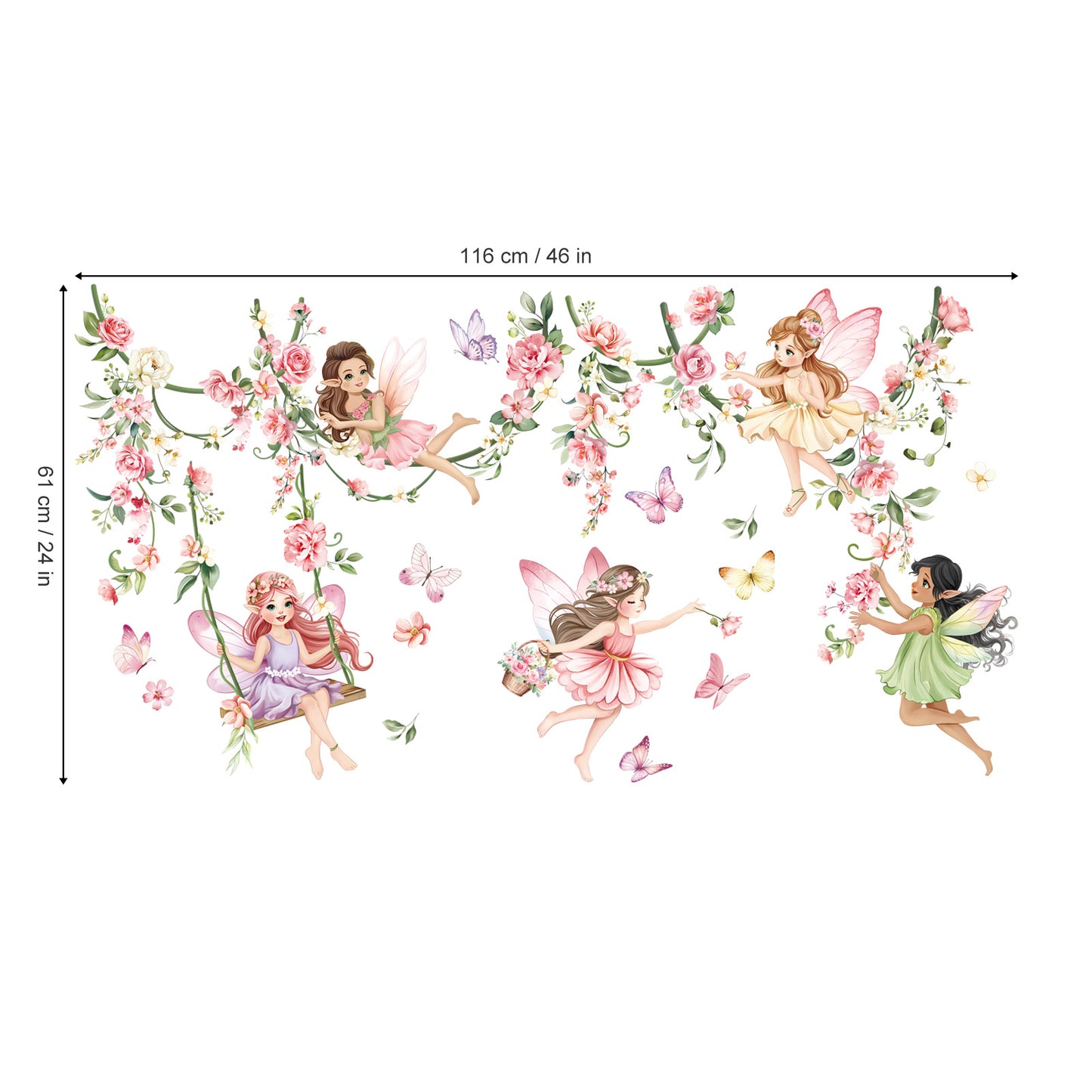 decalmile Pink Flower Fairy Wall Stickers Hanging Peony Flower Vine Butterfly Elf Wall Decals