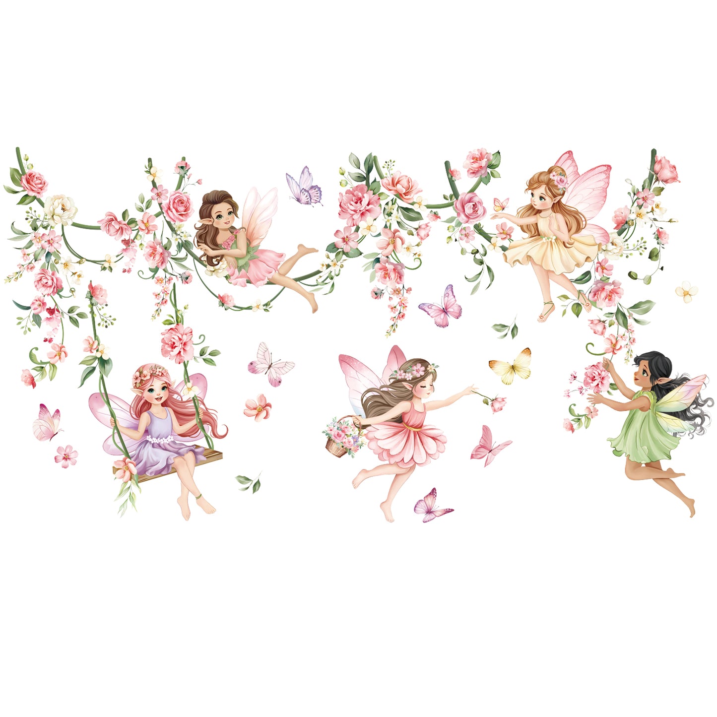 decalmile Pink Flower Fairy Wall Stickers Hanging Peony Flower Vine Butterfly Elf Wall Decals