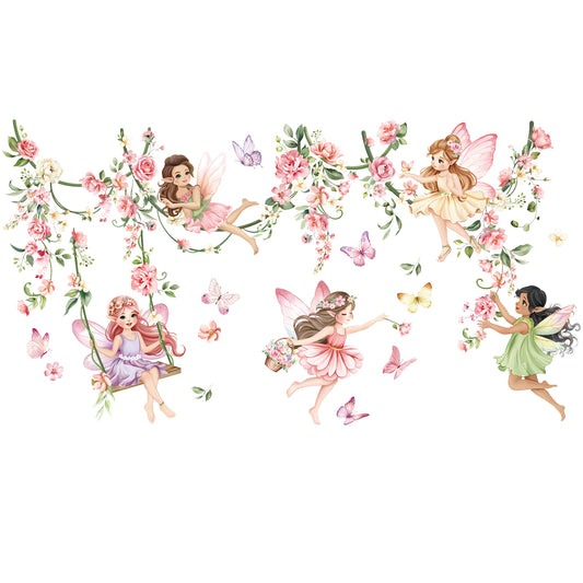 decalmile Pink Flower Fairy Wall Stickers Hanging Peony Flower Vine Butterfly Elf Wall Decals