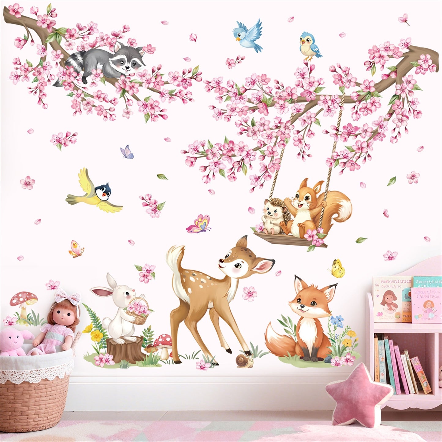 decalmile Woodland Animals Pink Flower Wall Stickers Cherry Blossom Branch Deer Fox Wall Decals
