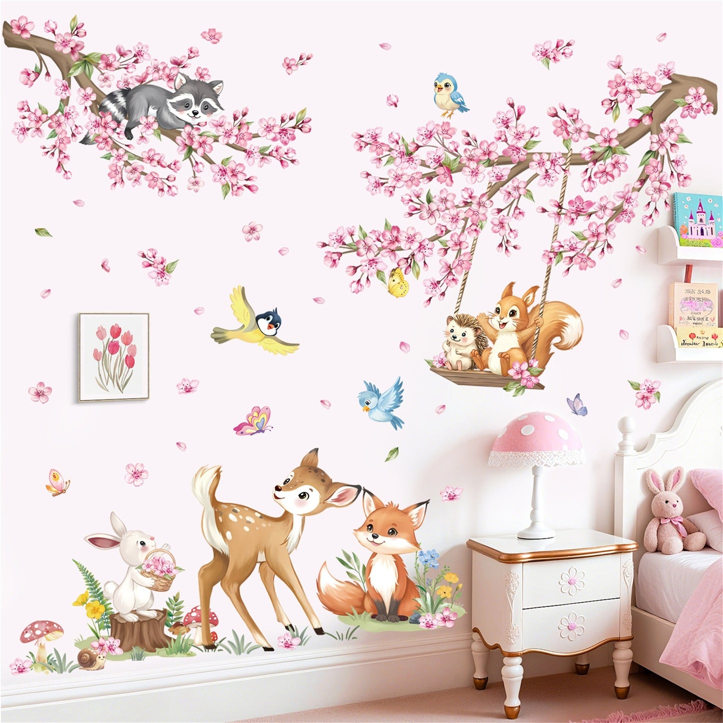 decalmile Woodland Animals Pink Flower Wall Stickers Cherry Blossom Branch Deer Fox Wall Decals