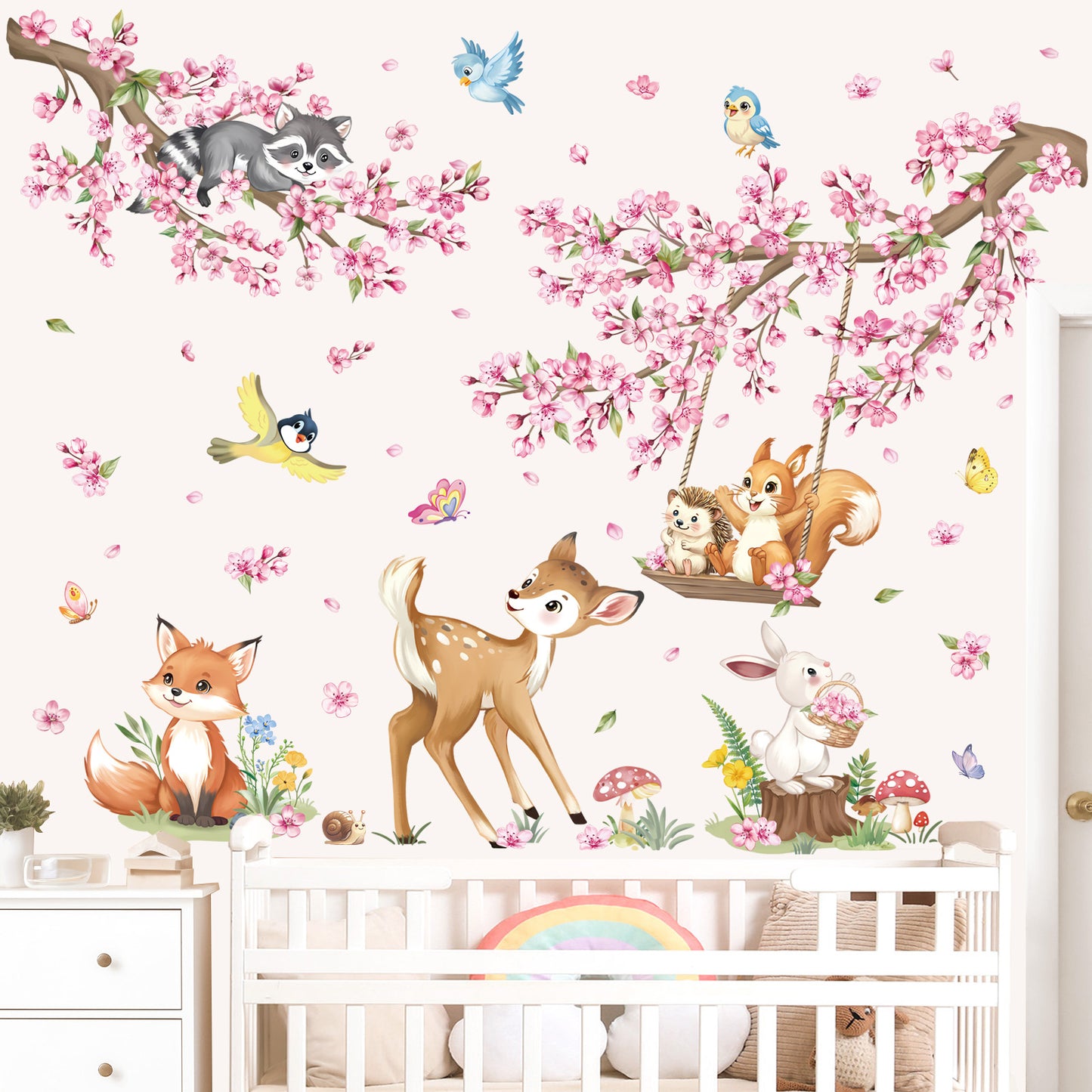 decalmile Woodland Animals Pink Flower Wall Stickers Cherry Blossom Branch Deer Fox Wall Decals
