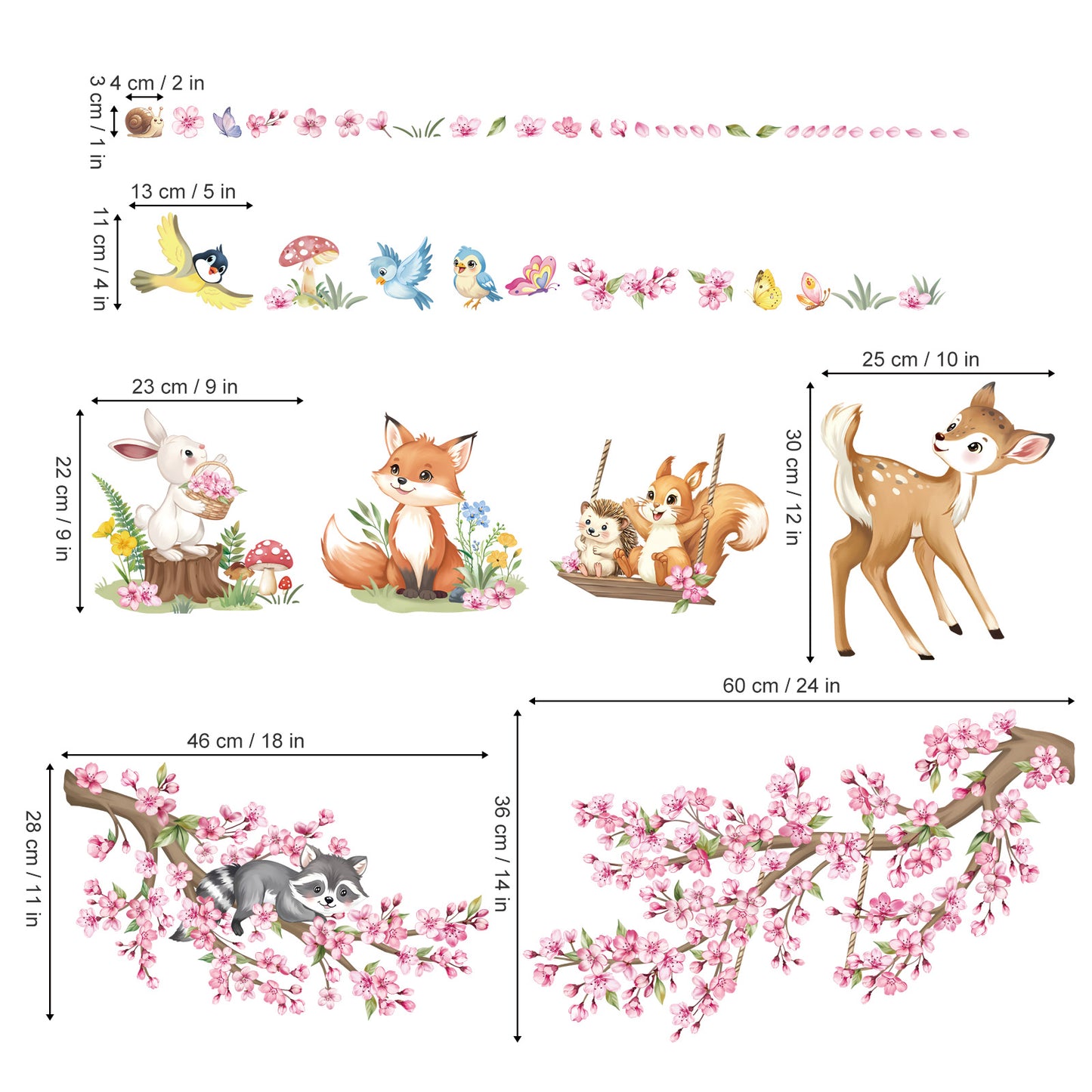 decalmile Woodland Animals Pink Flower Wall Stickers Cherry Blossom Branch Deer Fox Wall Decals