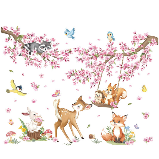 decalmile Woodland Animals Pink Flower Wall Stickers Cherry Blossom Branch Deer Fox Wall Decals