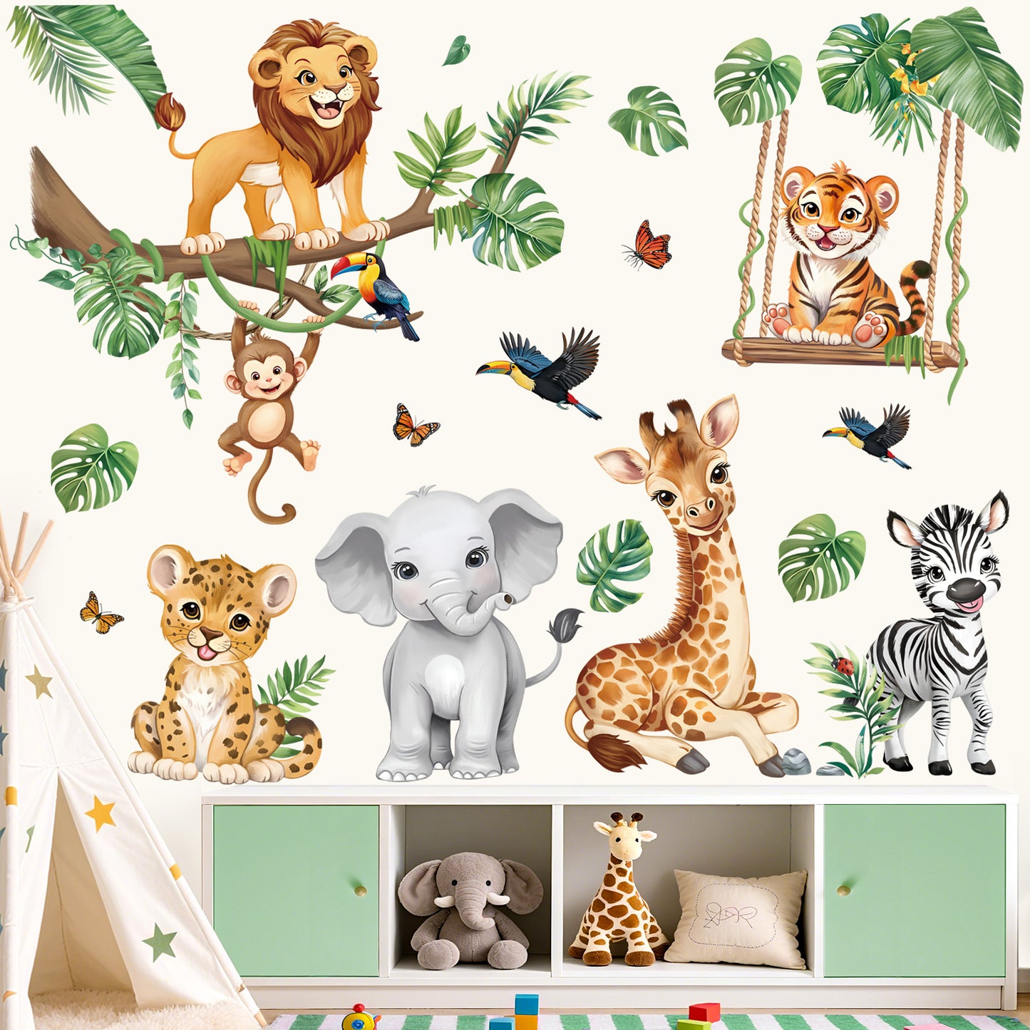 decalmile Safari Animals Wall Stickers Jungle Tree Branch Tropical Leaves Elephant Lion Wall Decals
