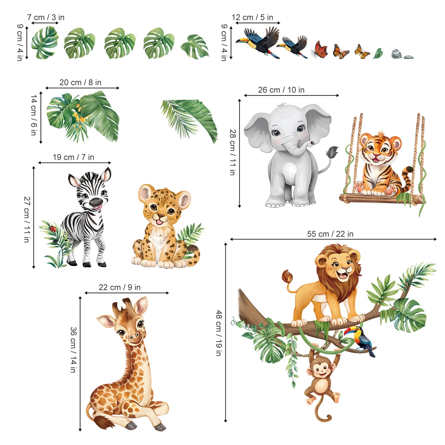 decalmile Safari Animals Wall Stickers Jungle Tree Branch Tropical Leaves Elephant Lion Wall Decals