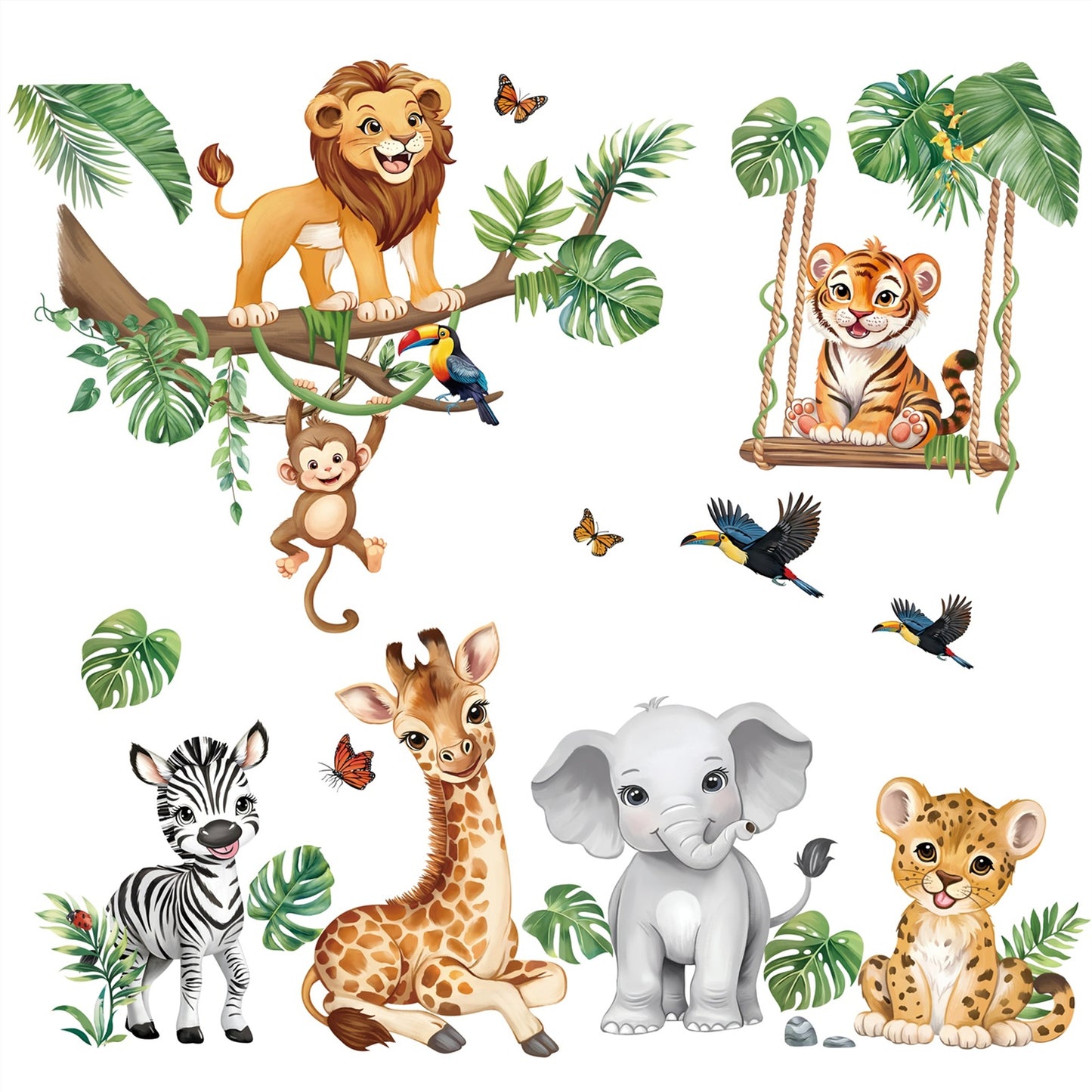 decalmile Safari Animals Wall Stickers Jungle Tree Branch Tropical Leaves Elephant Lion Wall Decals