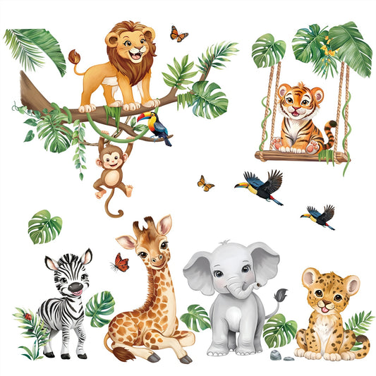 decalmile Safari Animals Wall Stickers Jungle Tree Branch Tropical Leaves Elephant Lion Wall Decals