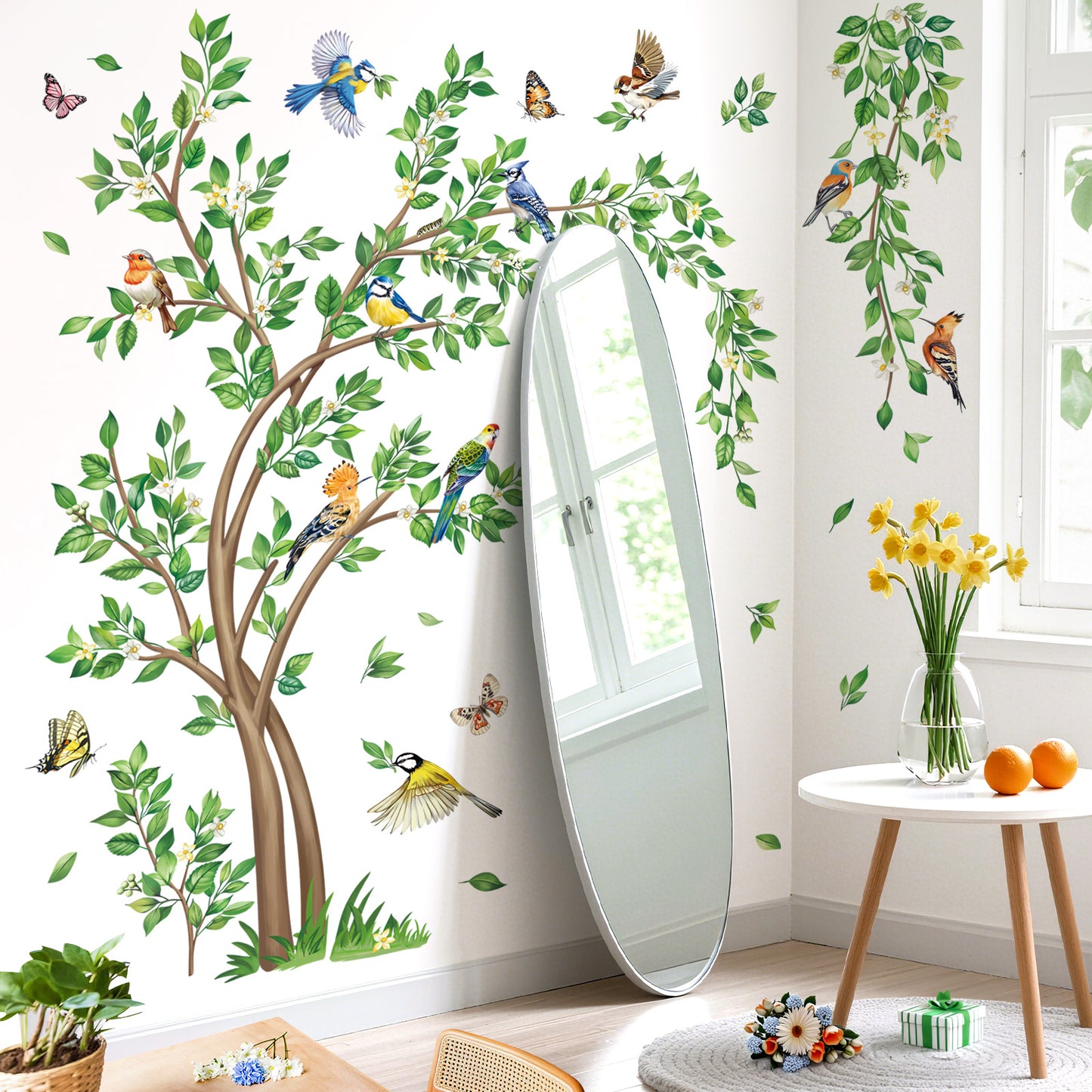 decalmile Large Green Tree Wall Decals Flying Leaves Hanging Vines Birds Wall Stickers